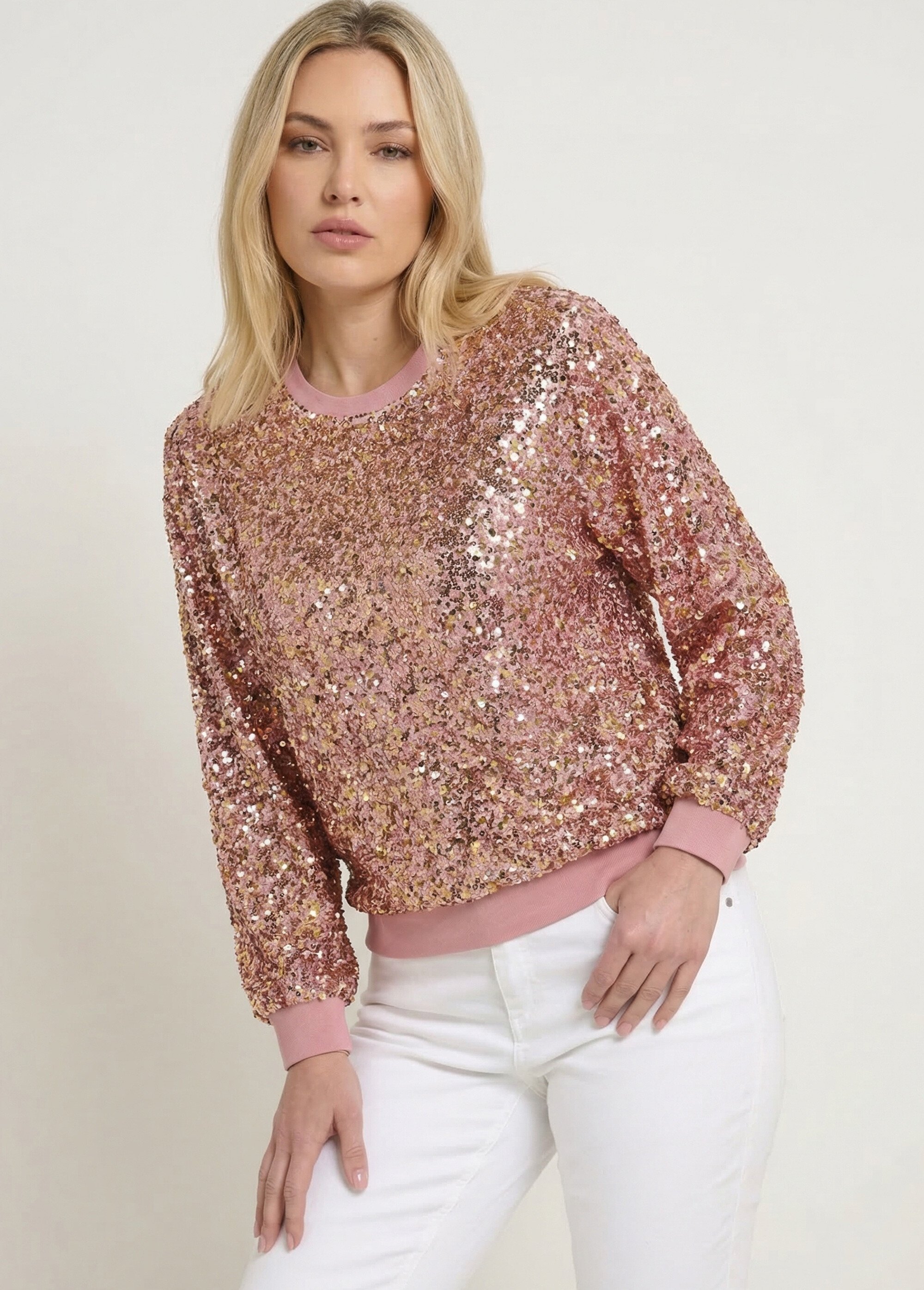 Sweat pailleté à sequins et col rond Rose ANG-AFLIRODO MV1