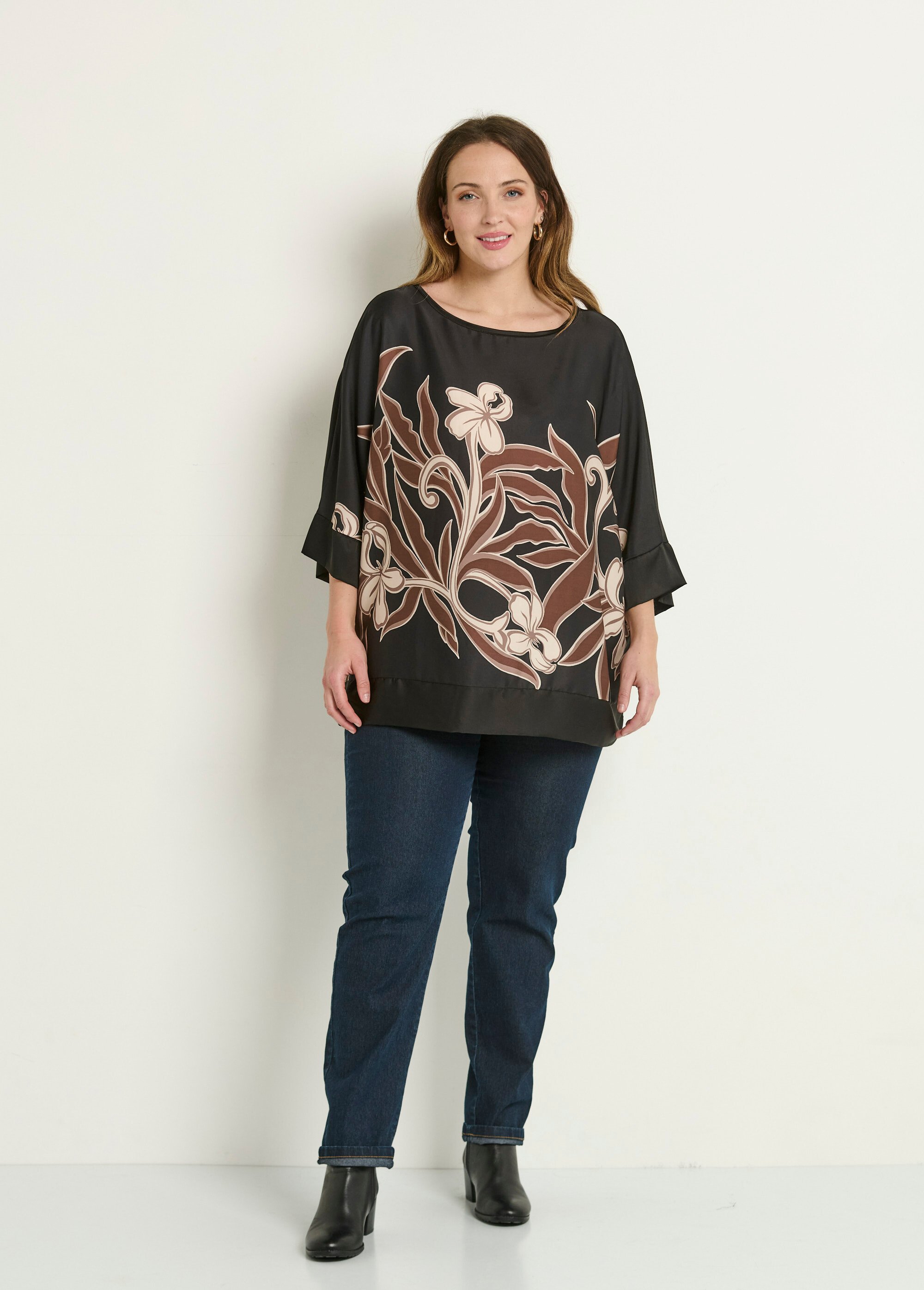 Tunique Noire Orcely - Taille M, Satin Polyester, Motifs Cachemire, Manches 3/4