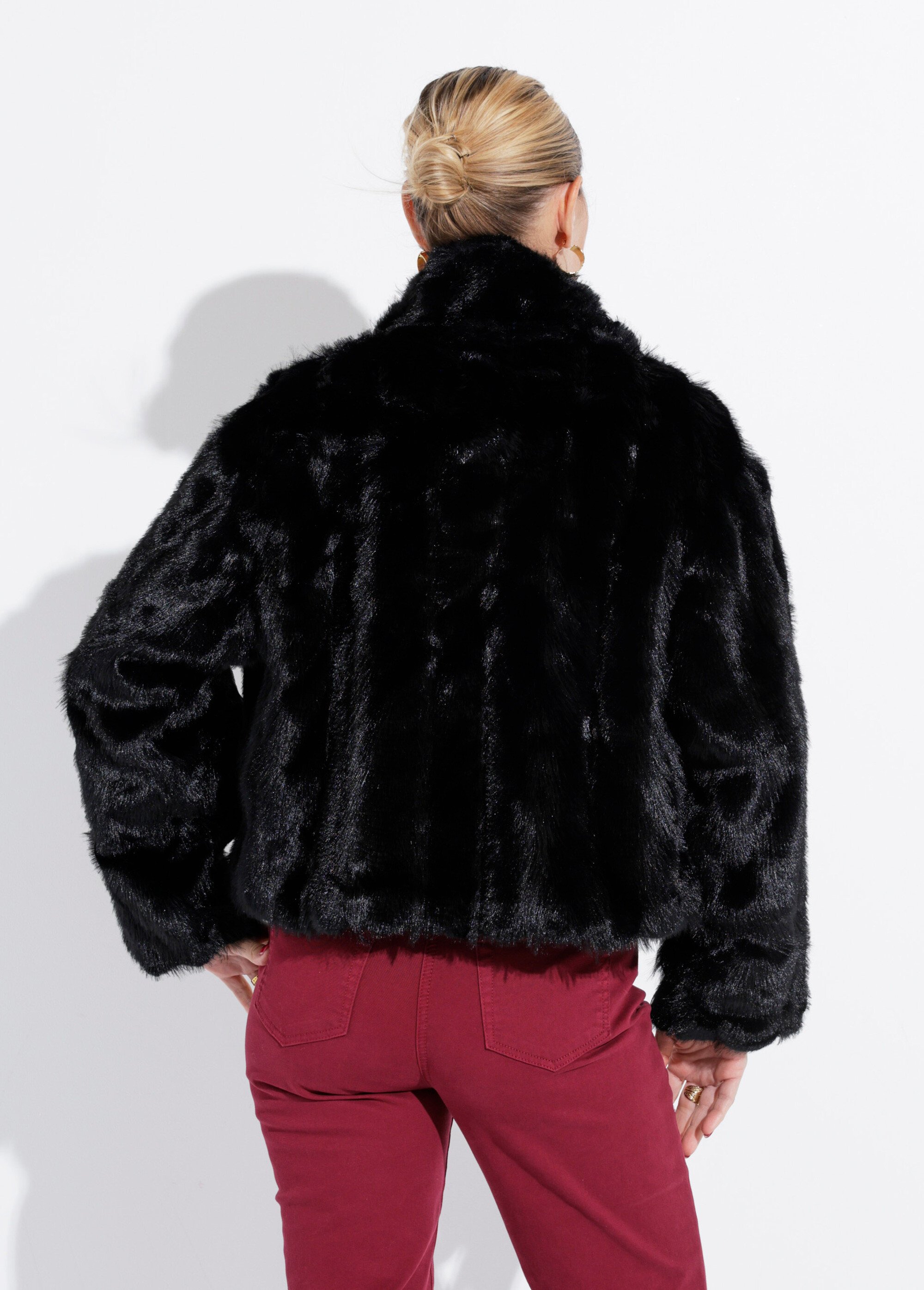 Blouson col montant en fausse fourrure Femme Noir IA-Z005 DO1