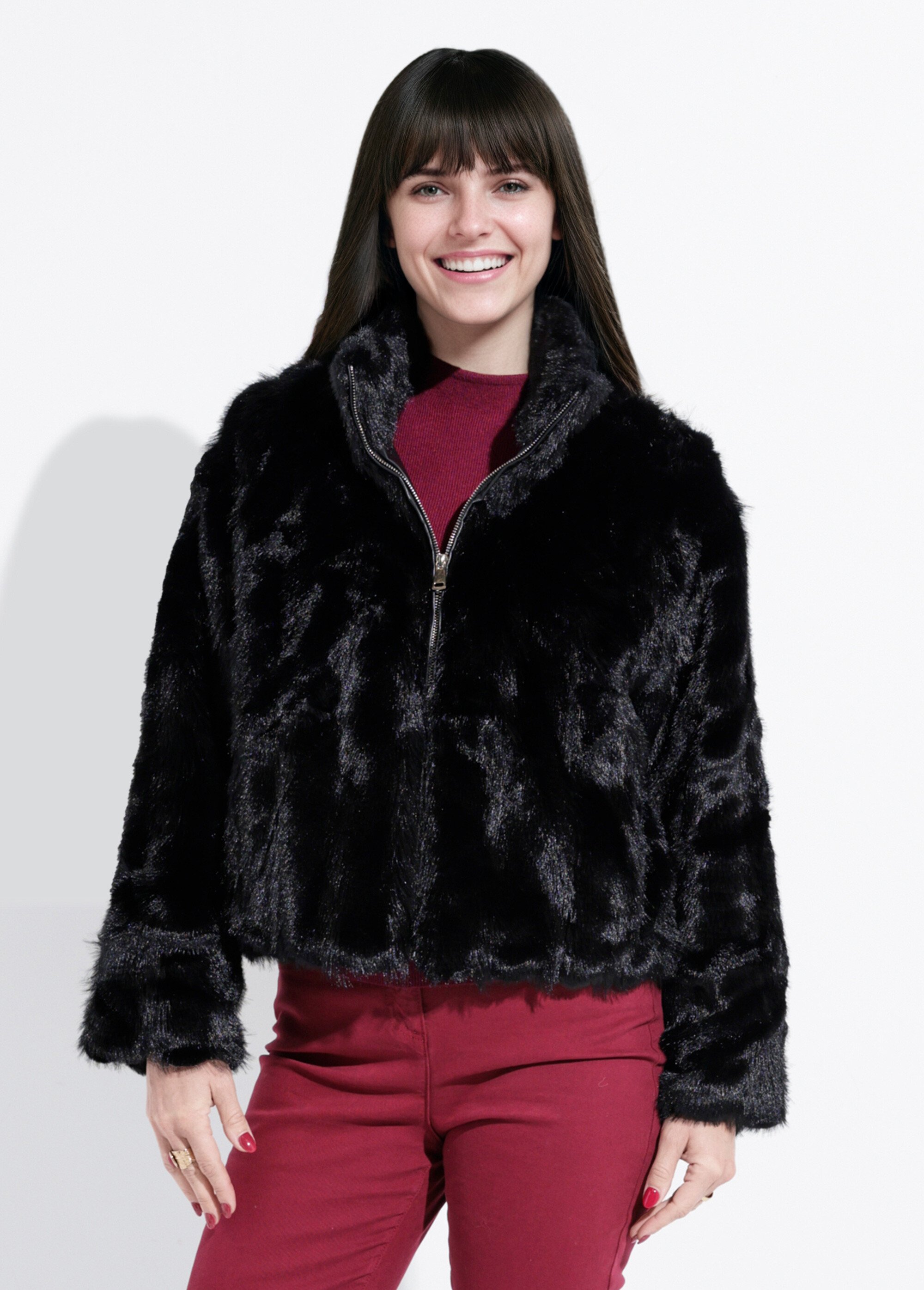 Blouson col montant en fausse fourrure Femme Noir IA-Z005 FA1