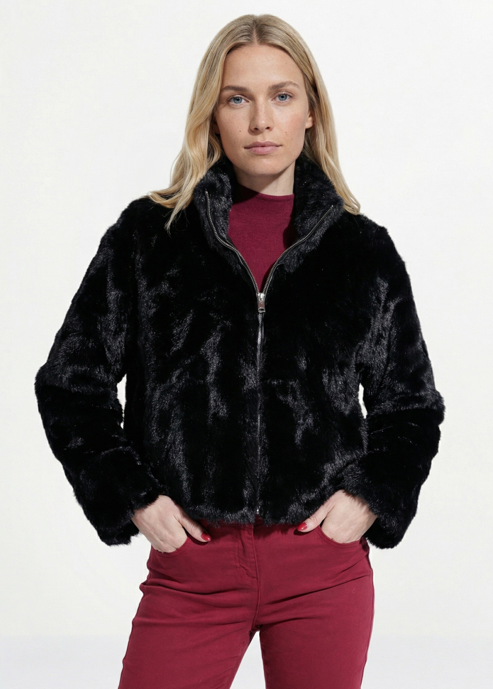 Blouson col montant en fausse fourrure Femme Noir IA-Z005 FA1