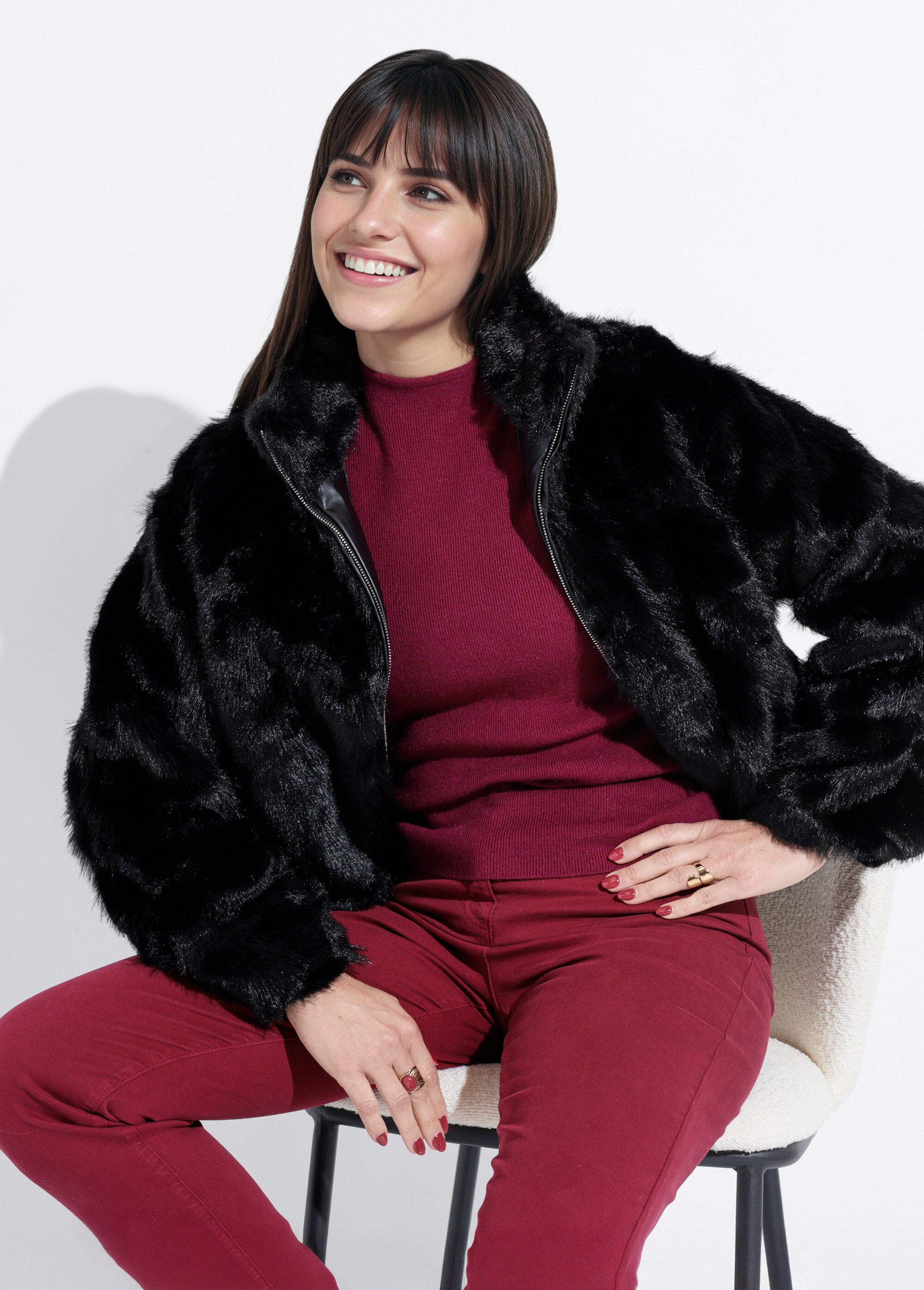 Blouson col montant en fausse fourrure Femme Noir IA-Z005 MV1