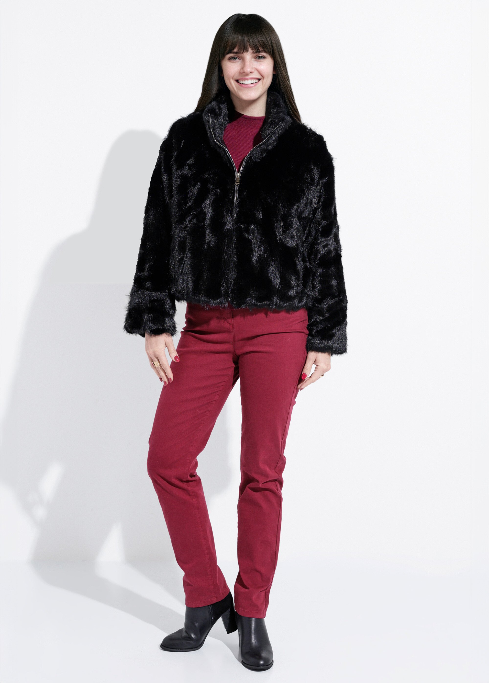 Blouson col montant en fausse fourrure Femme Noir IA-Z005 SF1