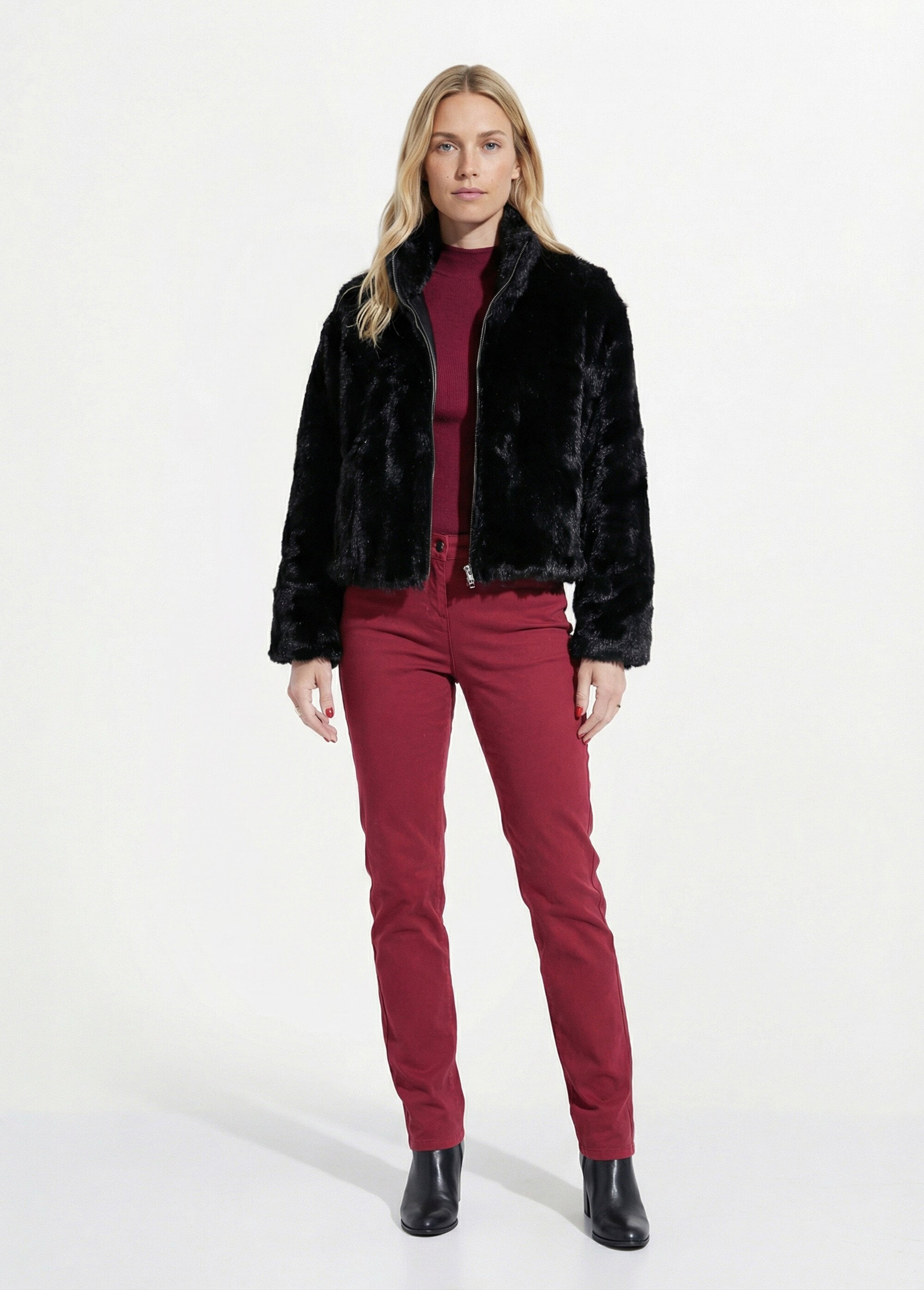 Blouson col montant en fausse fourrure Femme Noir IA-Z005 SI1