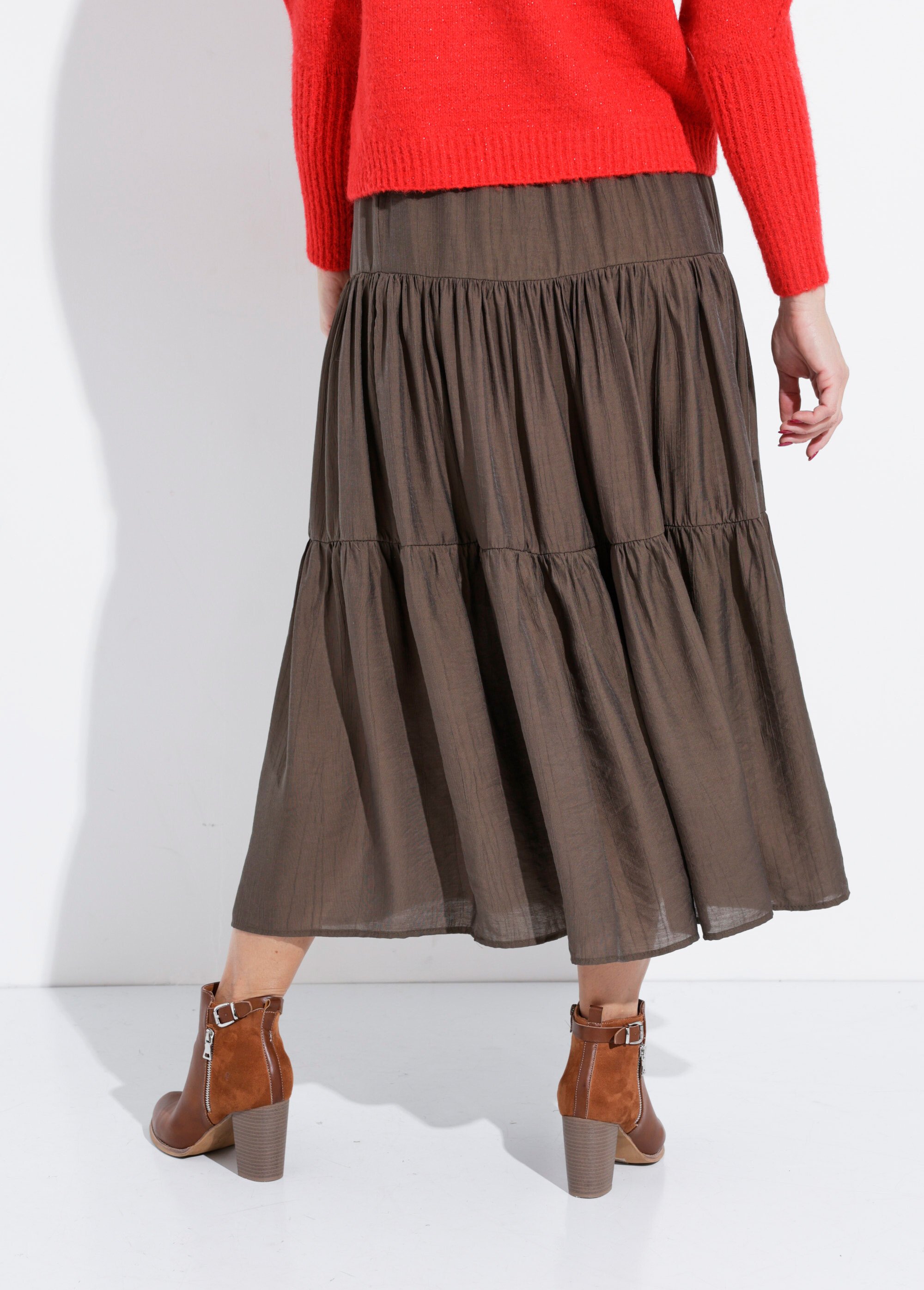 Jupe longue en voile à volants Femme Vert IA-D519 DO1