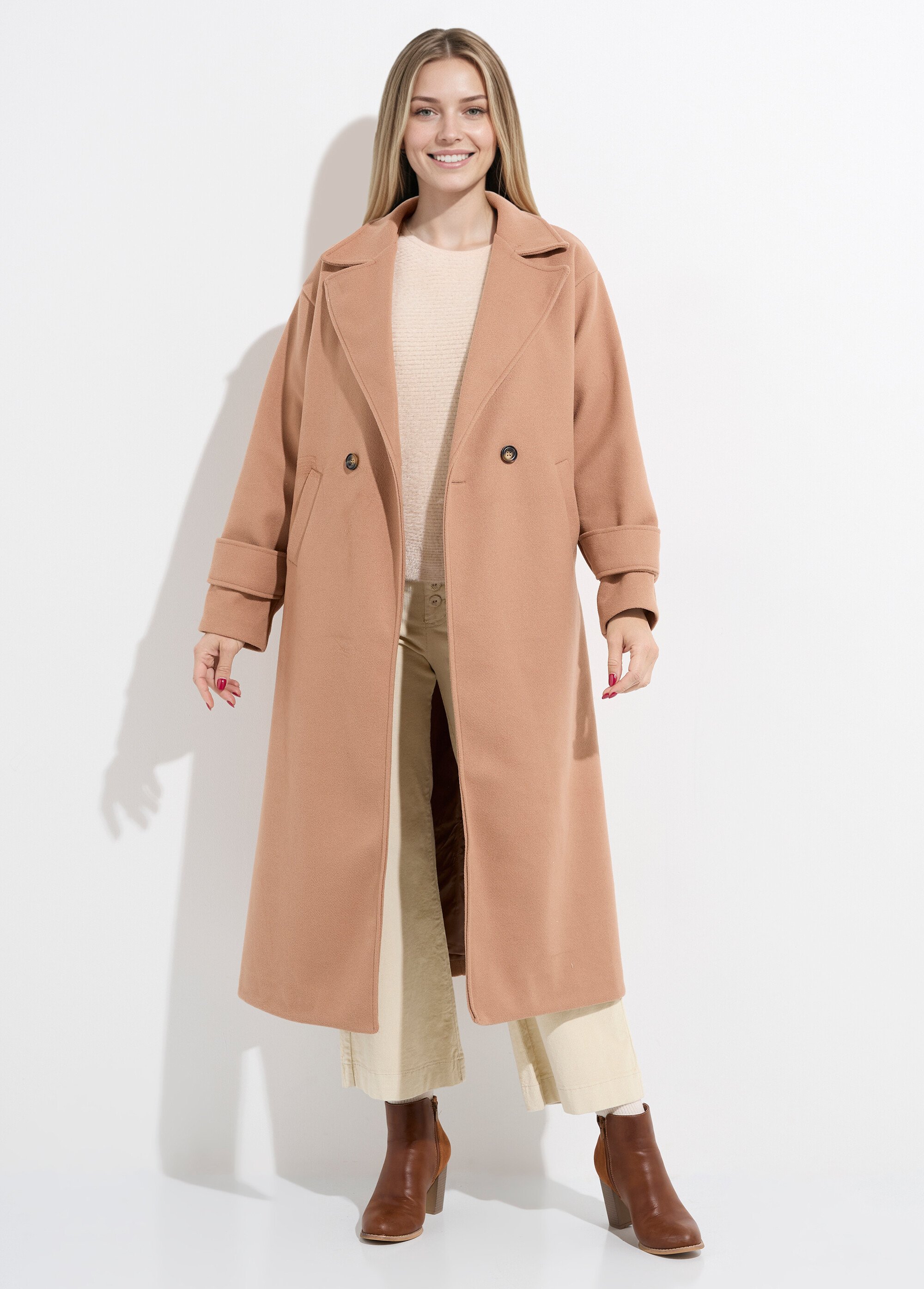 Manteau long chic façon drap de laine Femme Marron LBV-86616 FA1