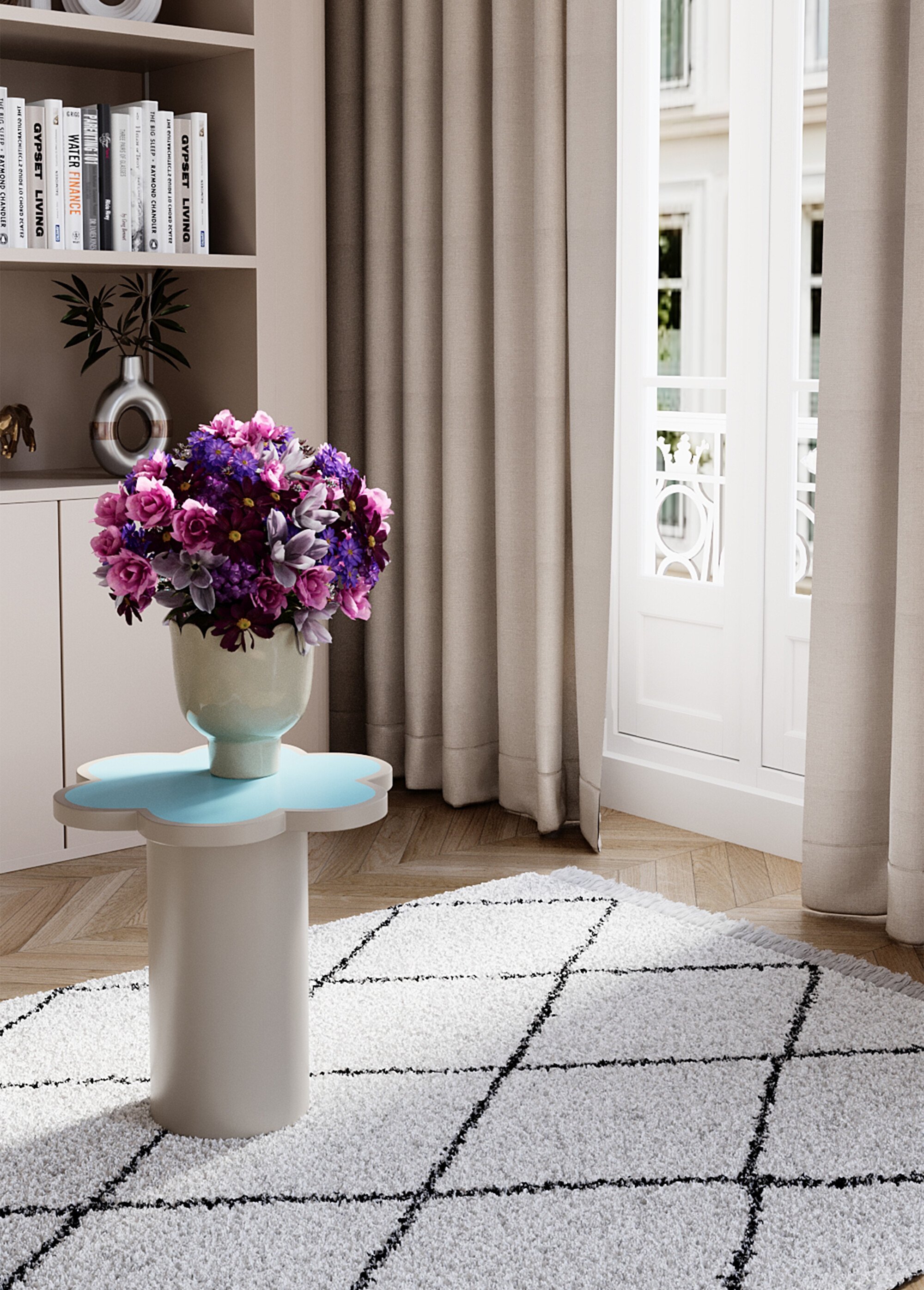 Meuble d'appoint en bois, forme végétale BLEU POT-FLORA SF1