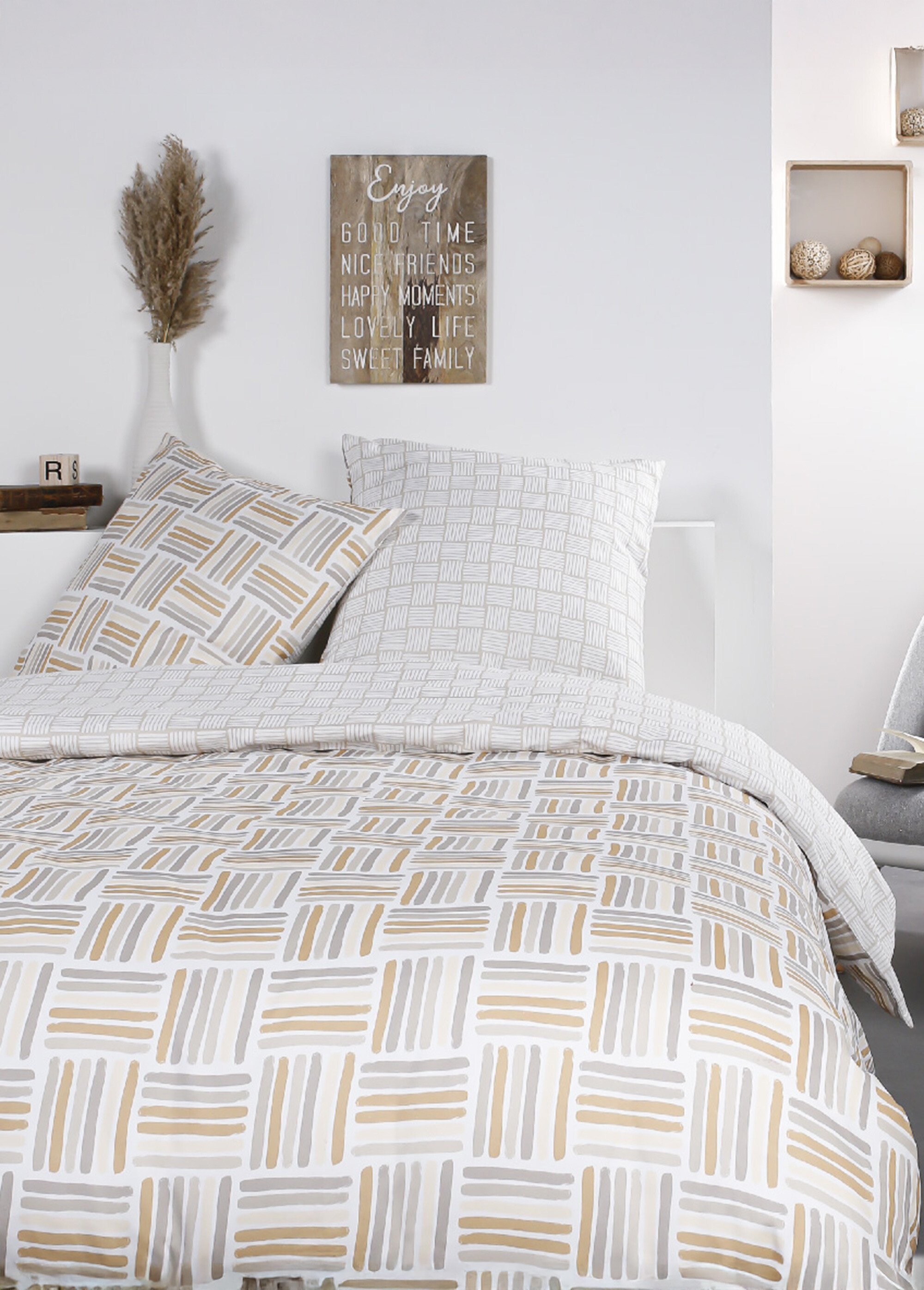 Parure pur coton 240 x 220cm, Carrés Beige ML-MAWI108896 FA1