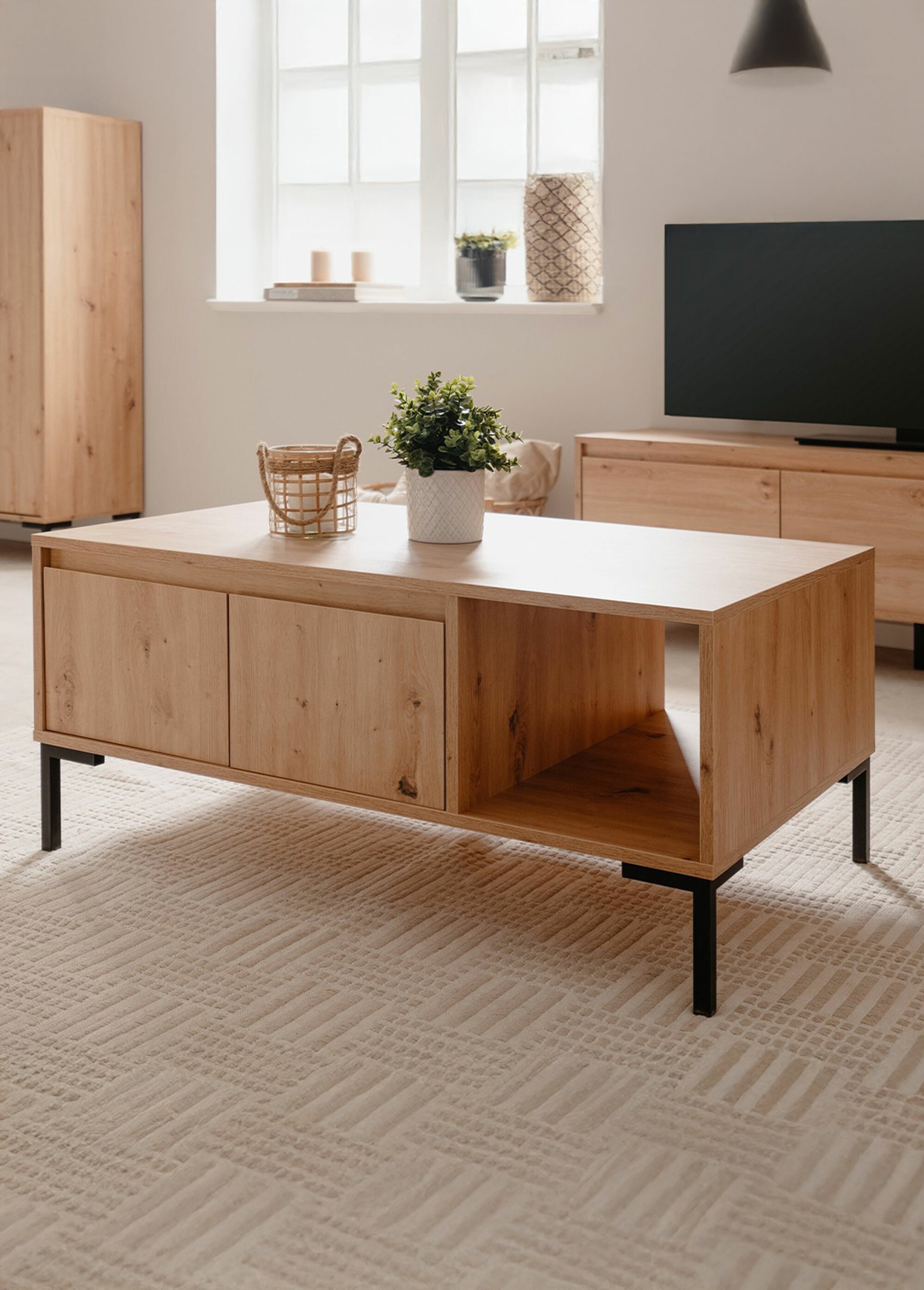 PLOCK Table basse décor chêne, 2 portes MARRON CAL-13609133 SI2