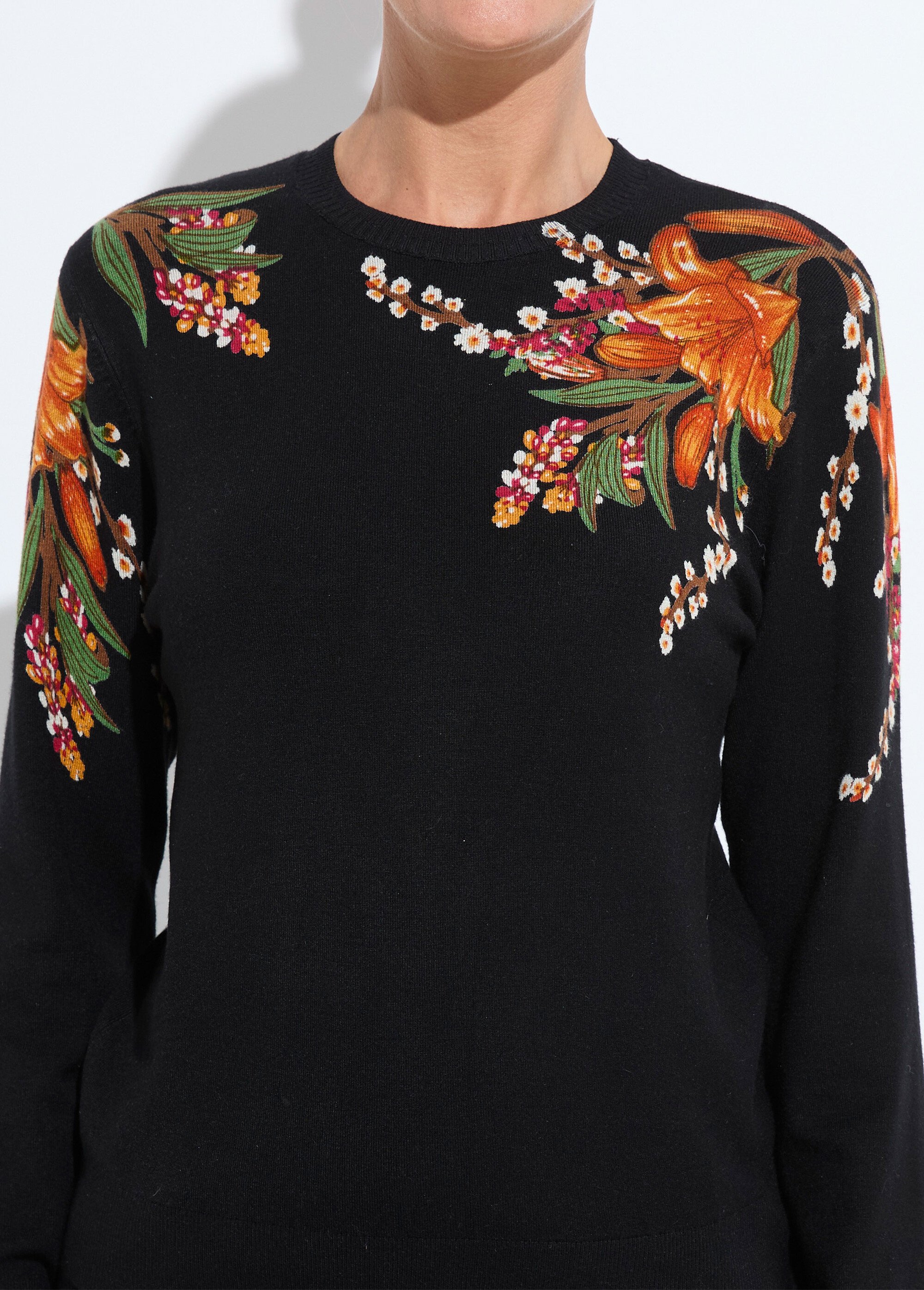 Pull chaud col rond imprimé floral manches longues Femme Noir PIERRA DE1