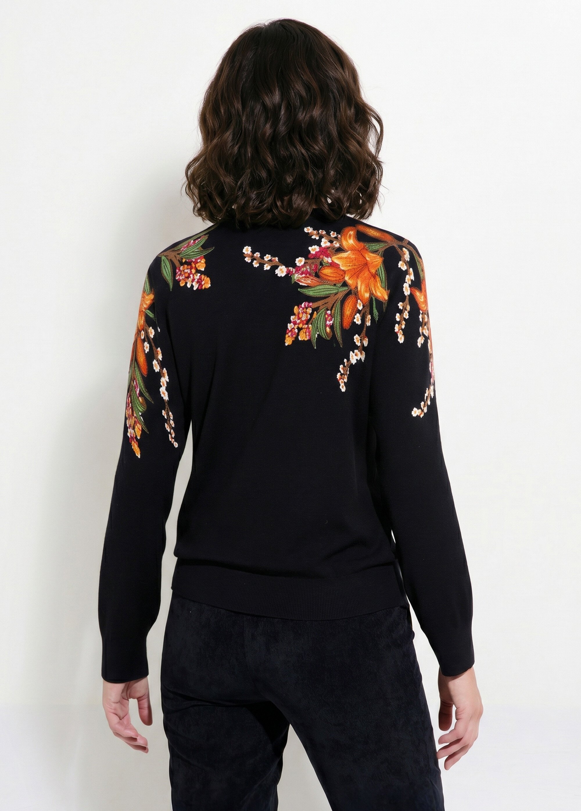 Pull chaud col rond imprimé floral manches longues Femme Noir PIERRA DO1