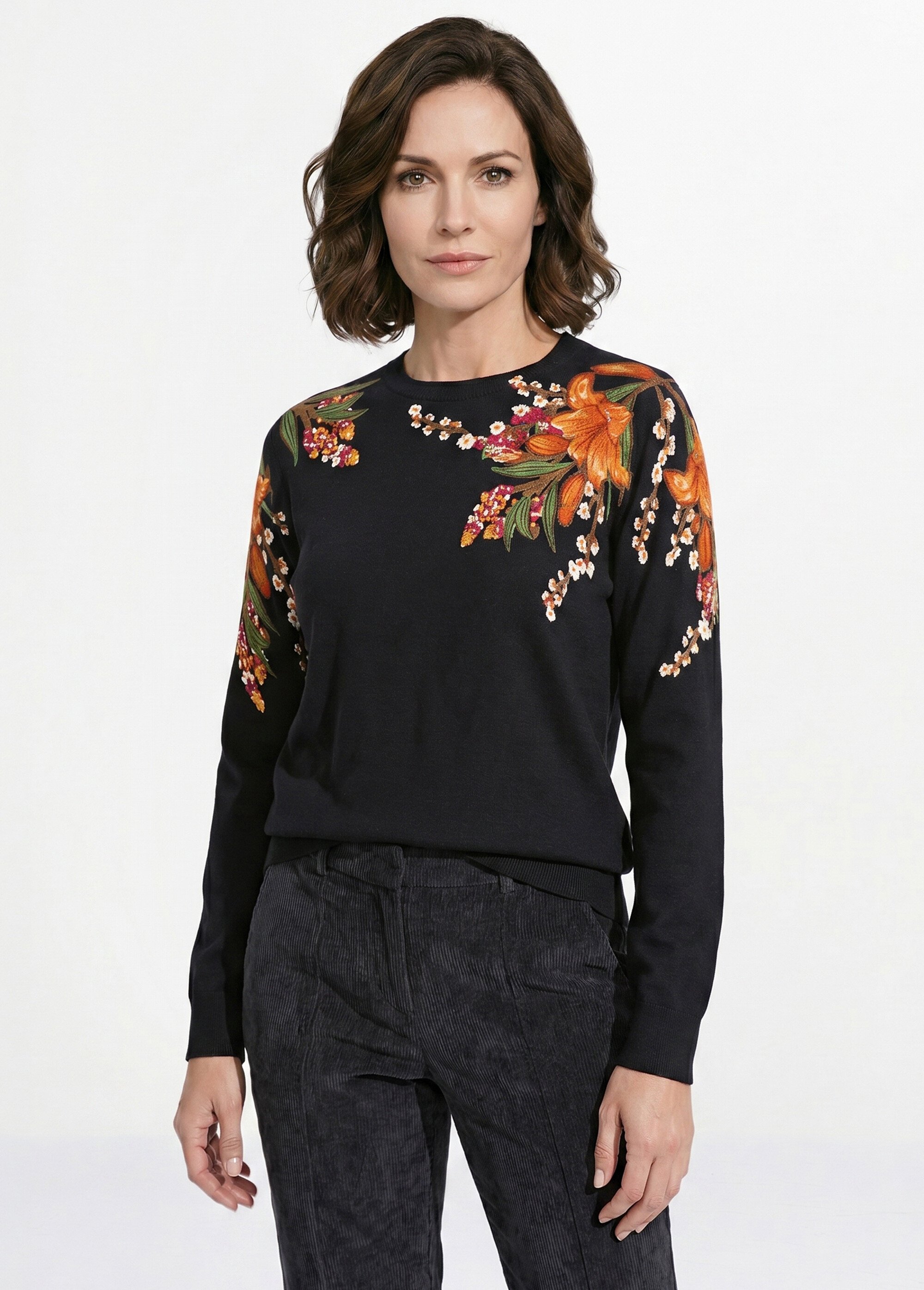 Pull chaud col rond imprimé floral manches longues Femme Noir PIERRA FA1