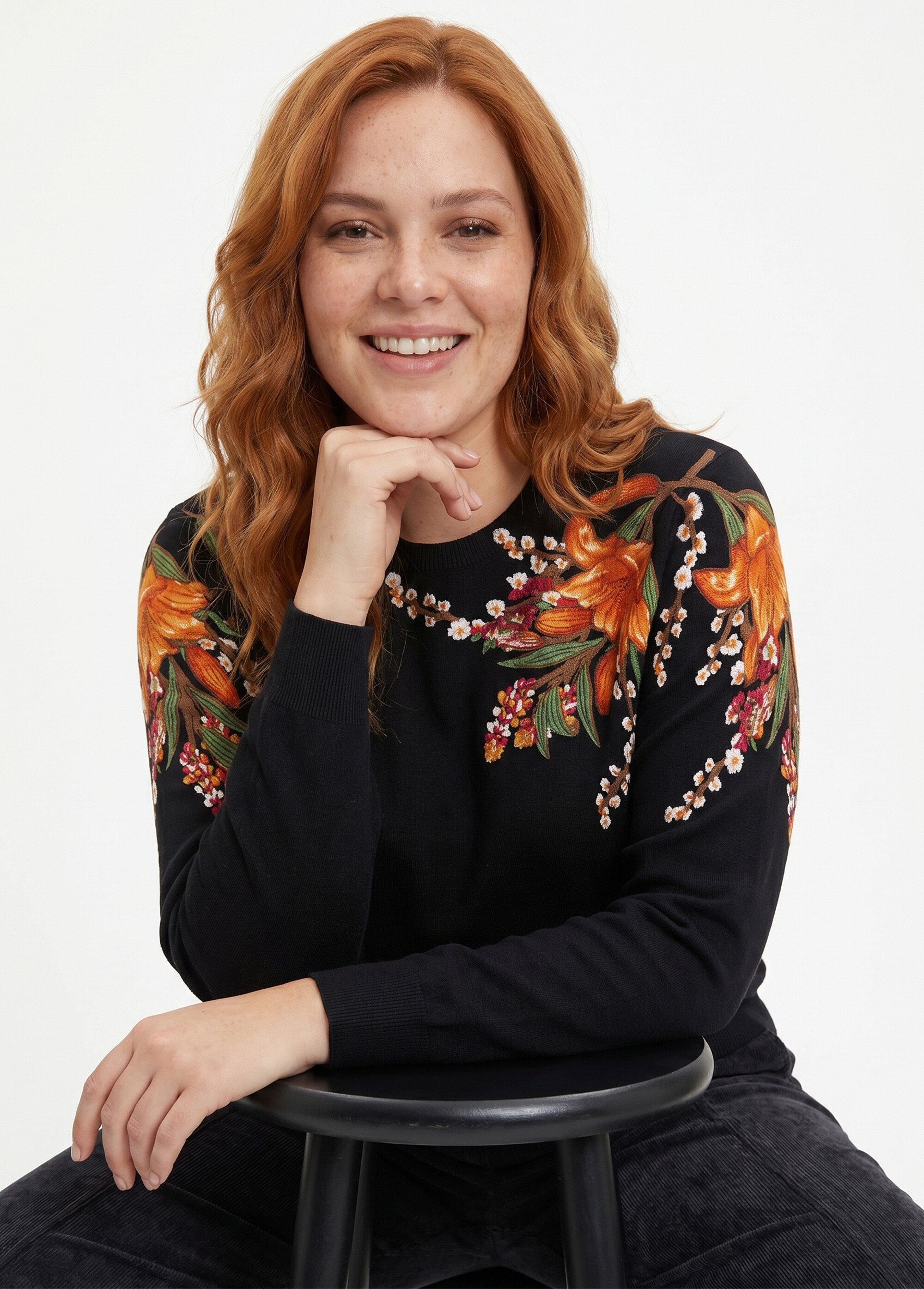 Pull chaud col rond imprimé floral manches longues