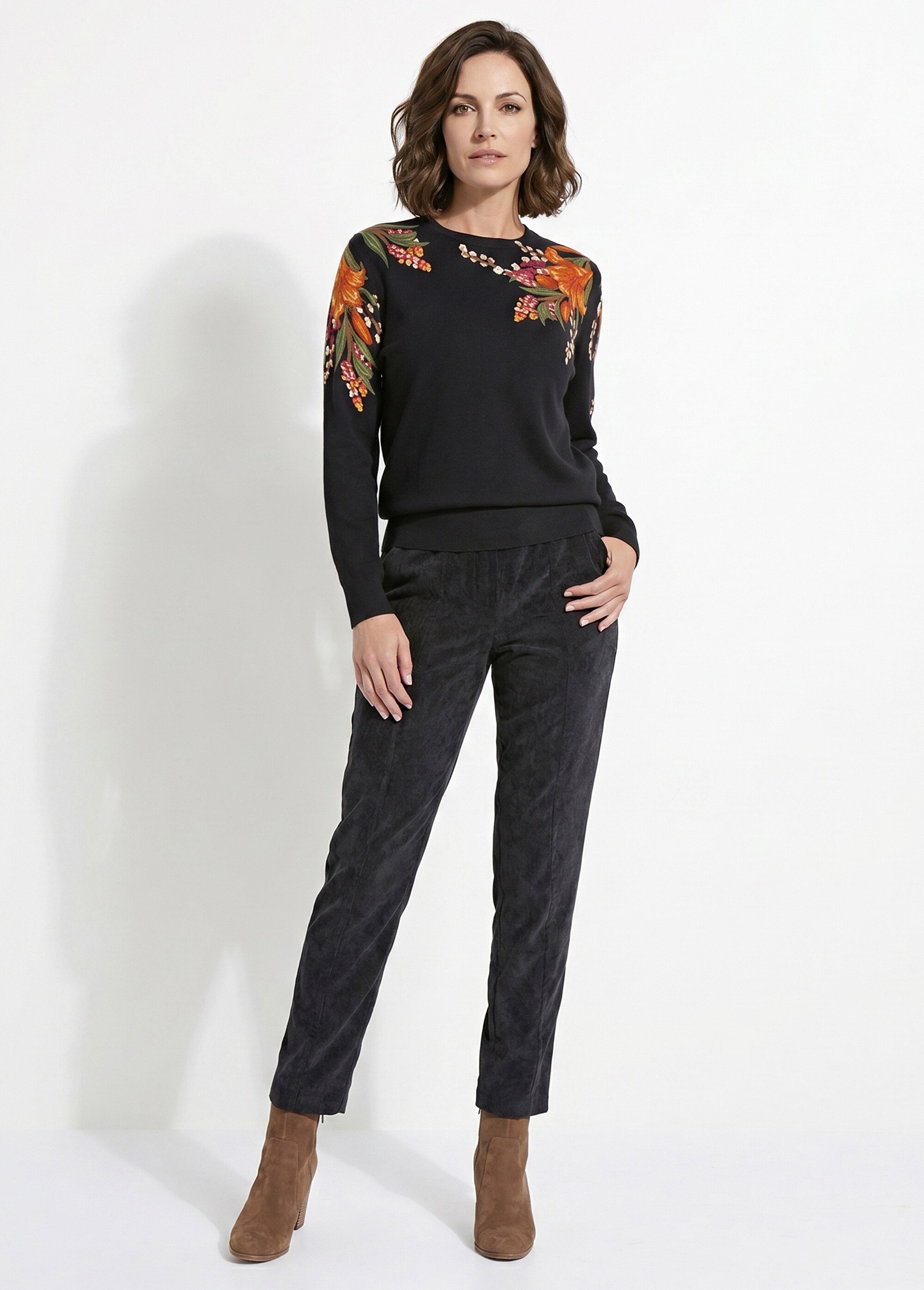 Pull chaud col rond imprimé floral manches longues Femme Noir PIERRA SI1