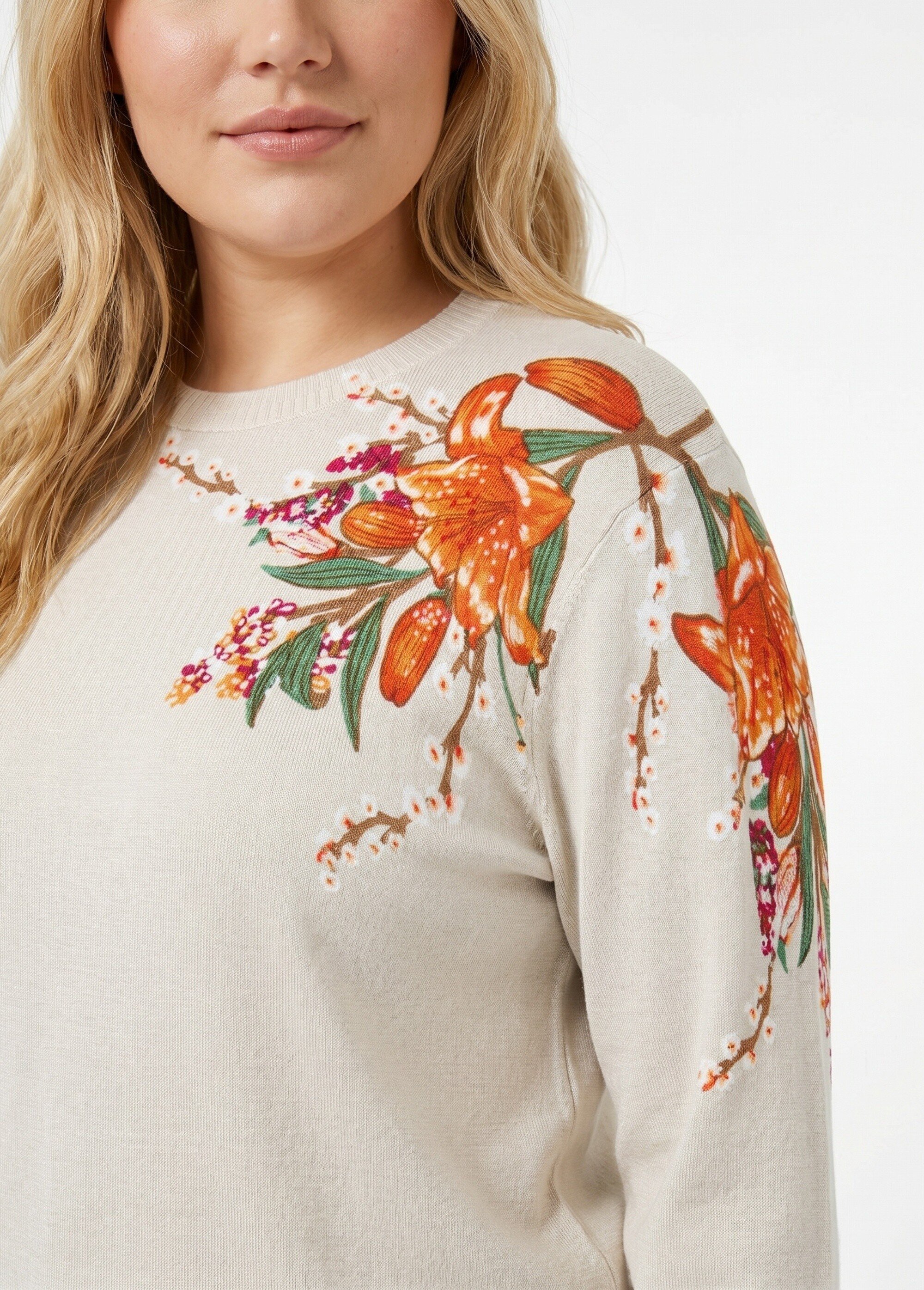 Pull chaud col rond imprimé floral manches longues