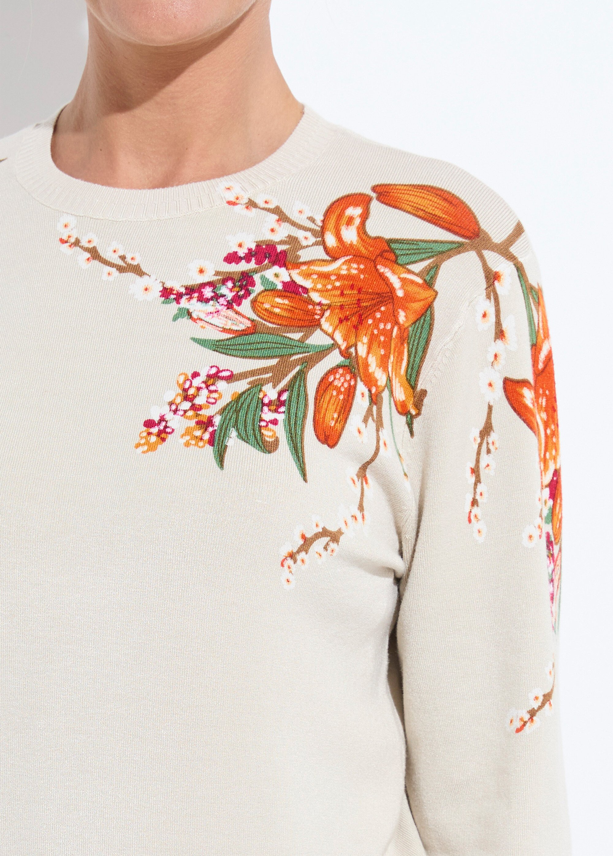 Pull chaud col rond imprimé floral manches longues Femme Beige PIERRA DE1