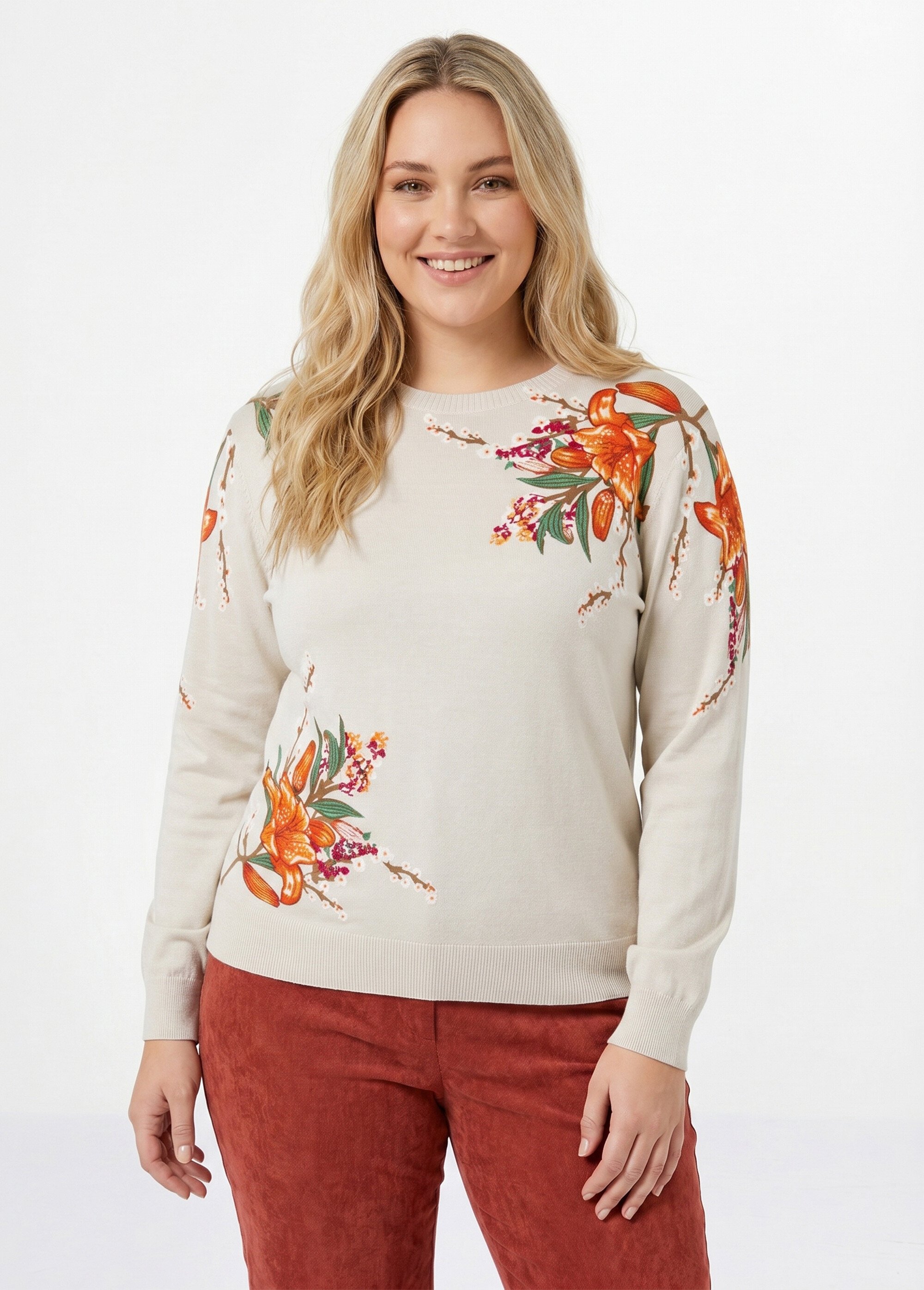 Pull chaud col rond imprimé floral manches longues
