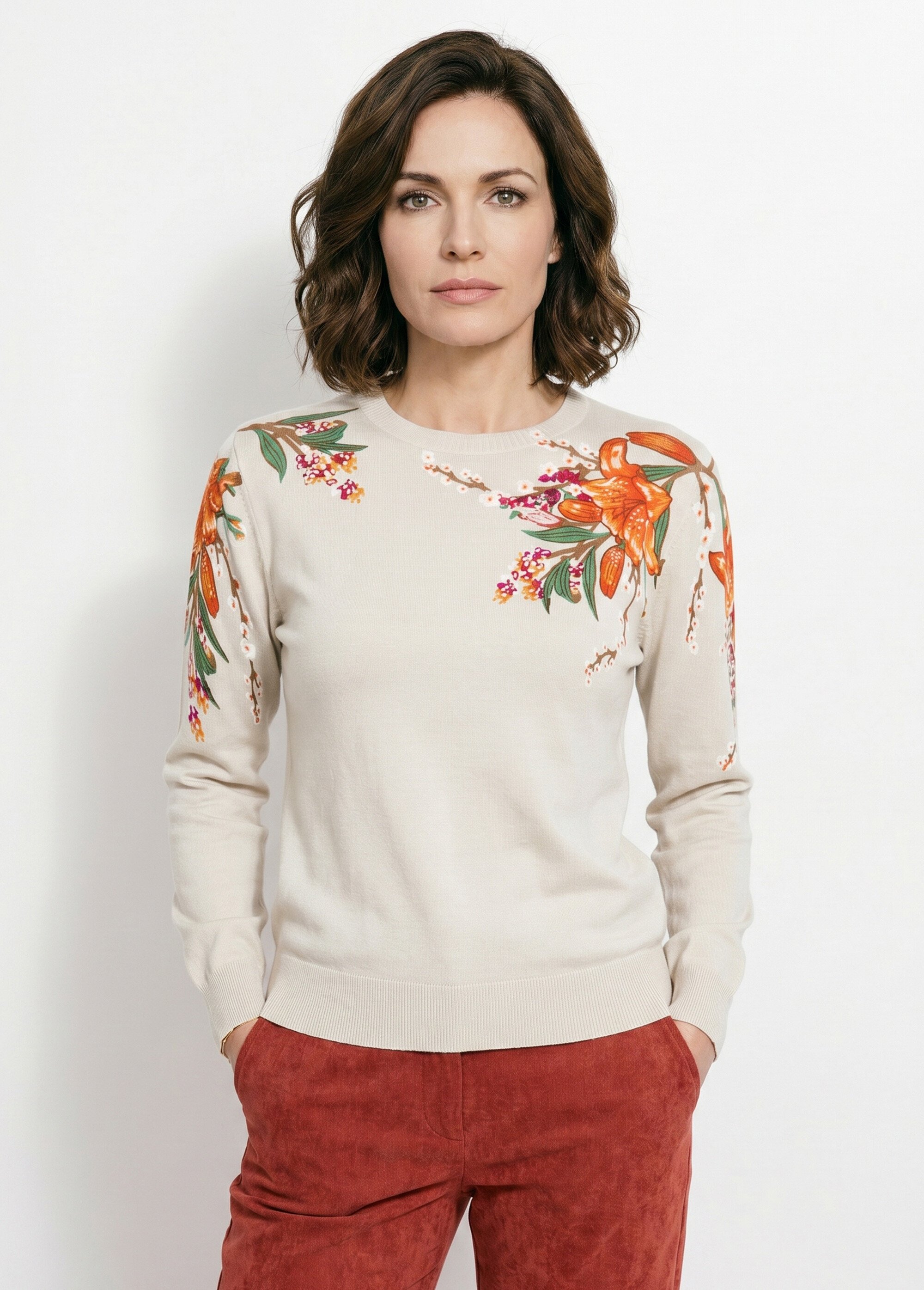 Pull chaud col rond imprimé floral manches longues Femme Beige PIERRA FA1