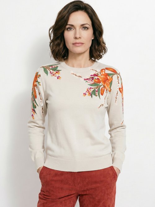 Pull chaud col rond imprimé floral manches longues Femme Beige PIERRA FA1