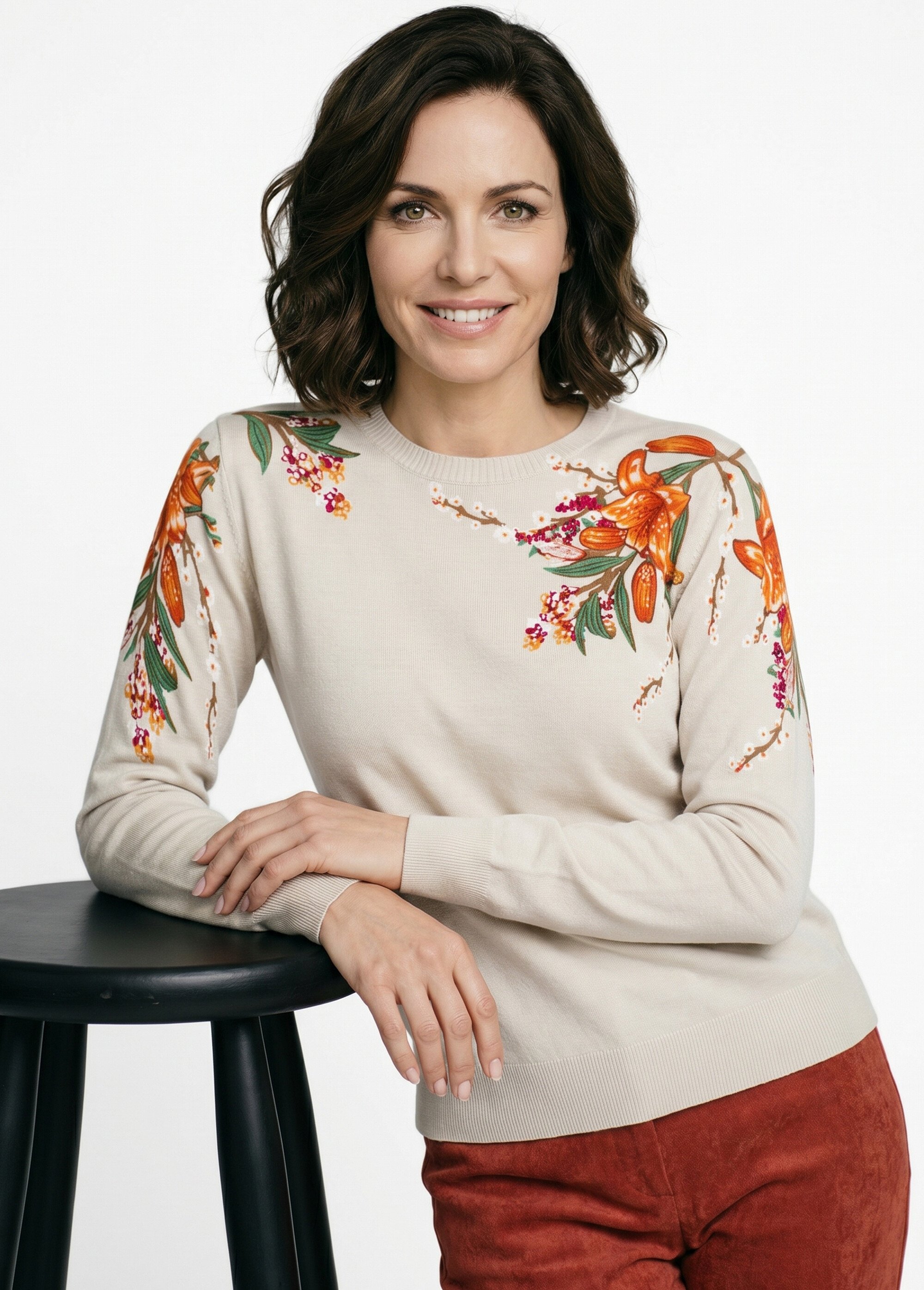 Pull chaud col rond imprimé floral manches longues