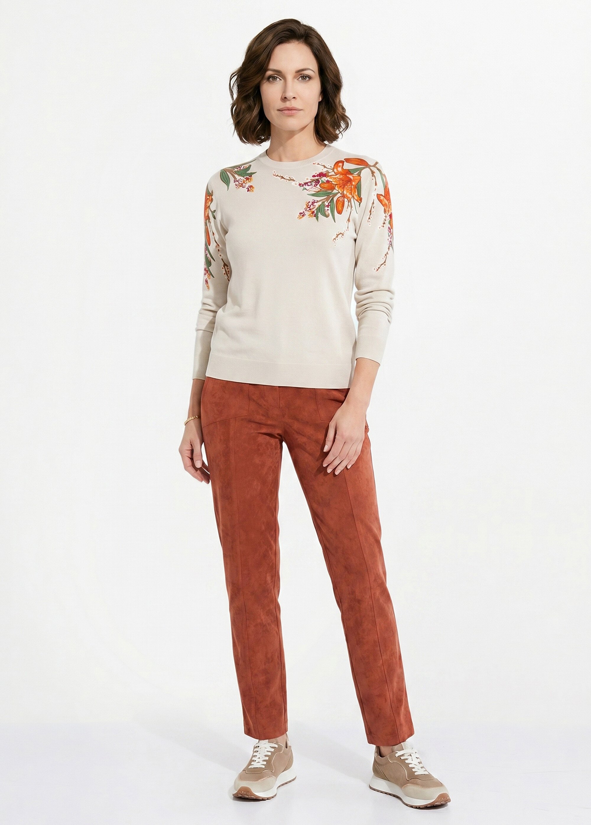 Pull chaud col rond imprimé floral manches longues Femme Beige PIERRA SI1