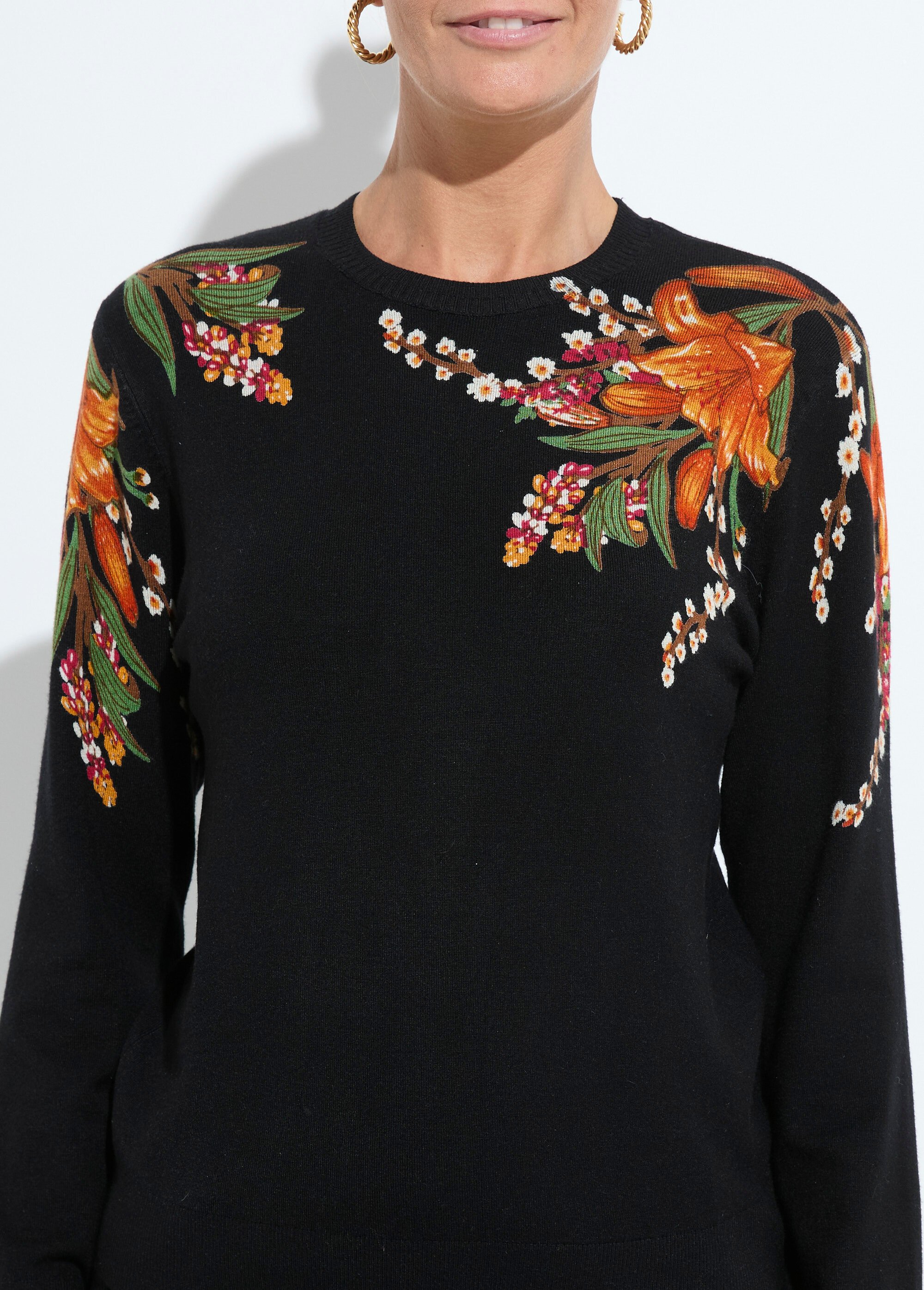 Pull chaud col rond imprimé floral manches longues Femme Noir PIERRA DE1