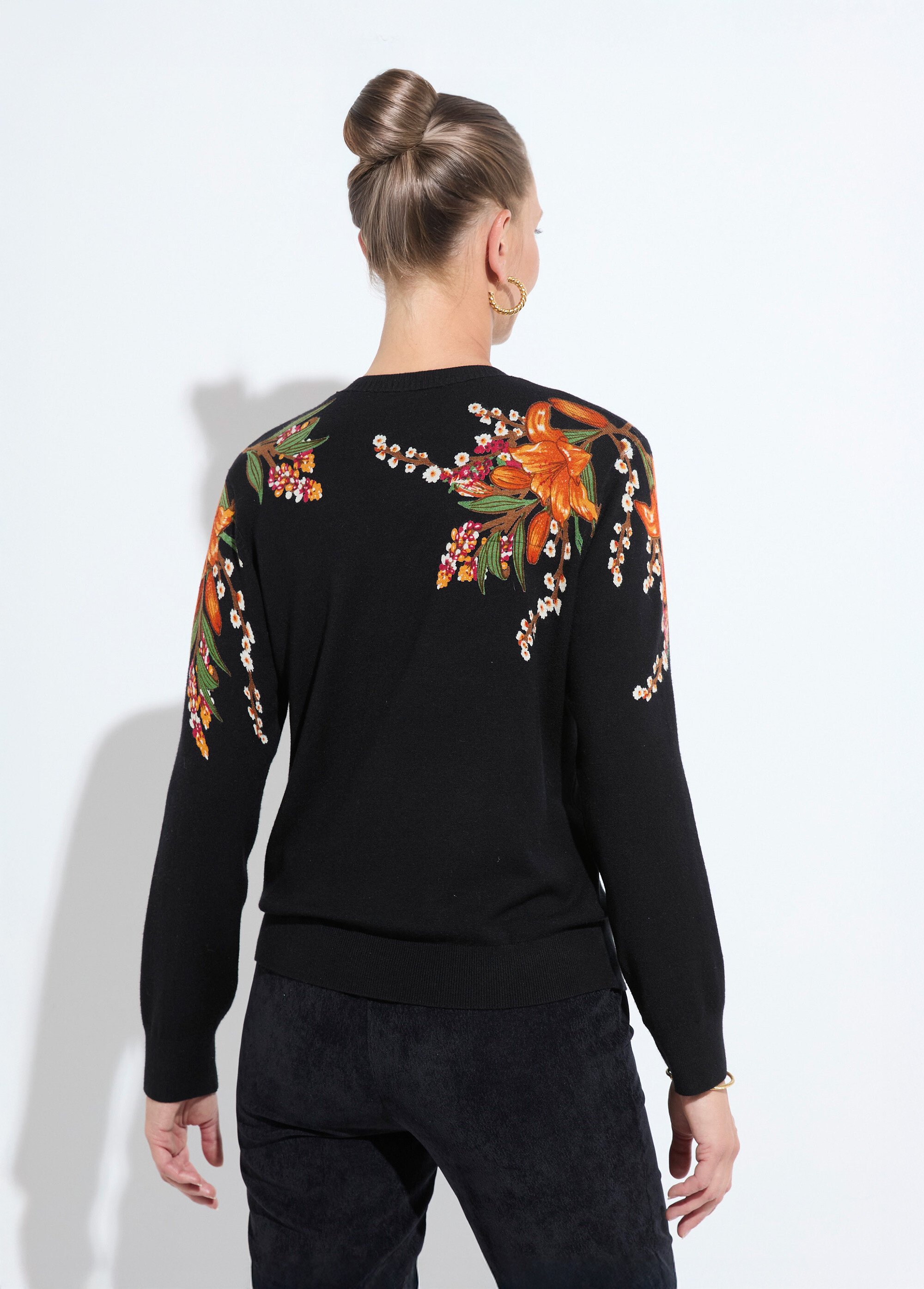 Pull chaud col rond imprimé floral manches longues Femme Noir PIERRA DO1