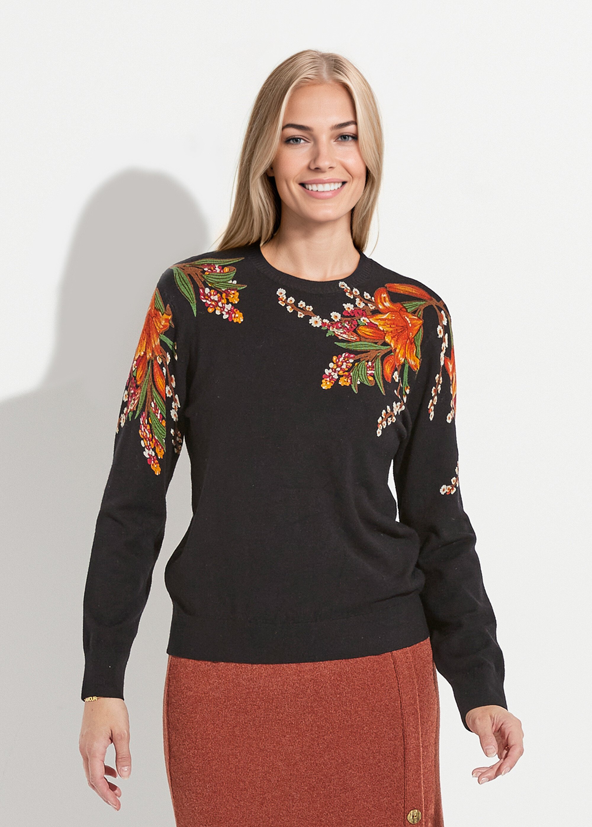 Pull chaud col rond imprimé floral manches longues Femme Noir PIERRA FA1