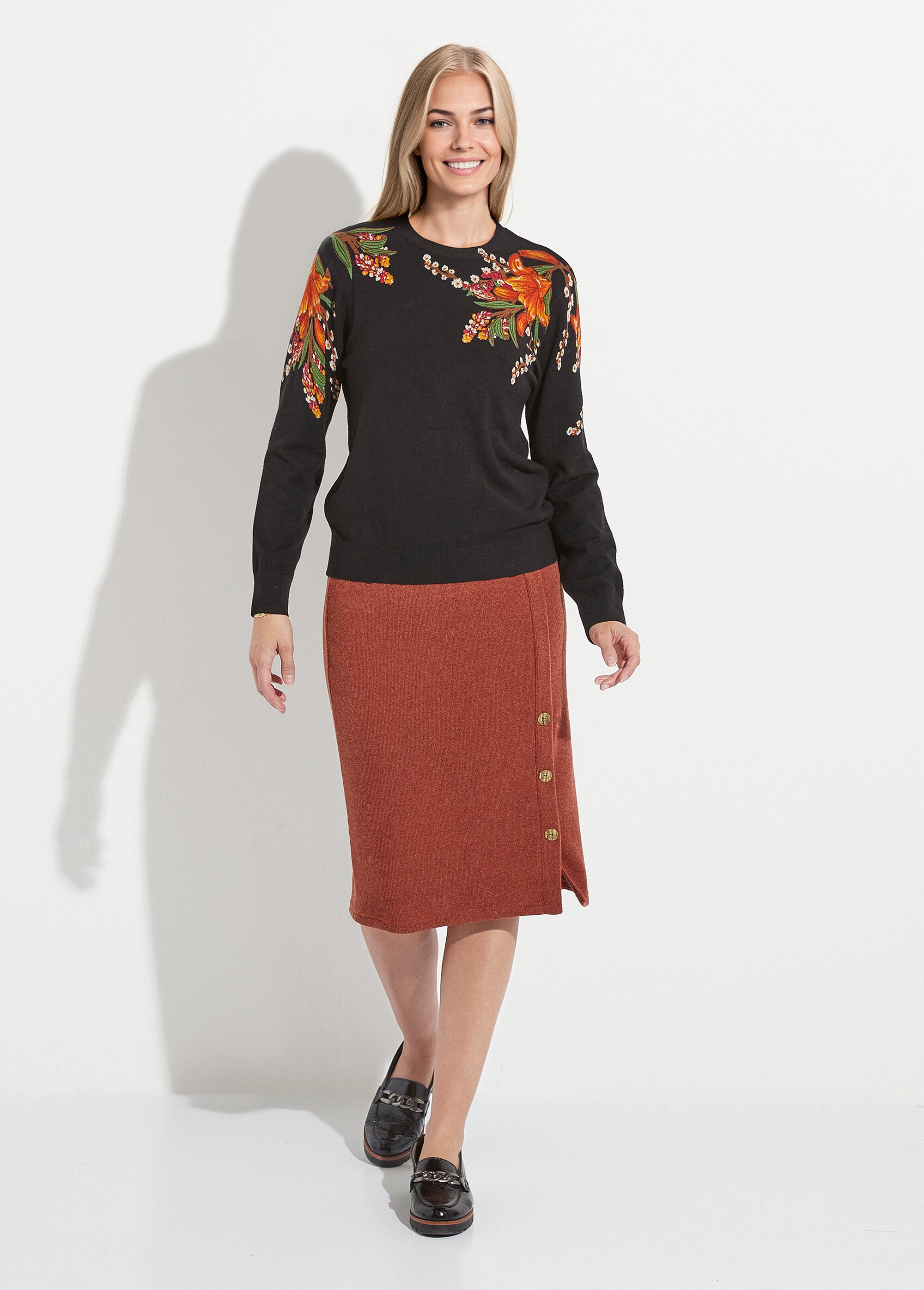Pull chaud col rond imprimé floral manches longues Femme Noir PIERRA SF1