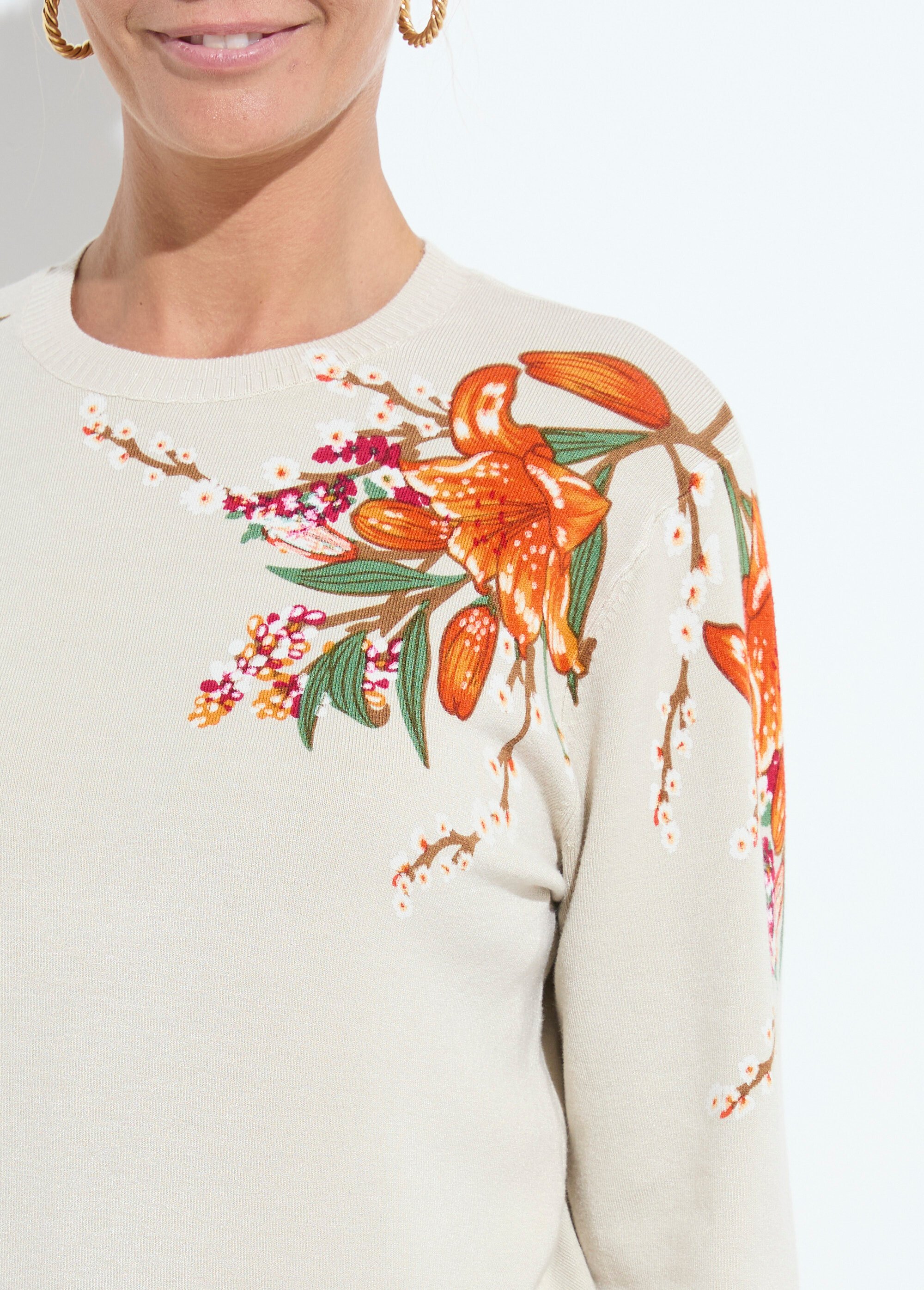 Pull chaud col rond imprimé floral manches longues Femme Beige PIERRA DE1