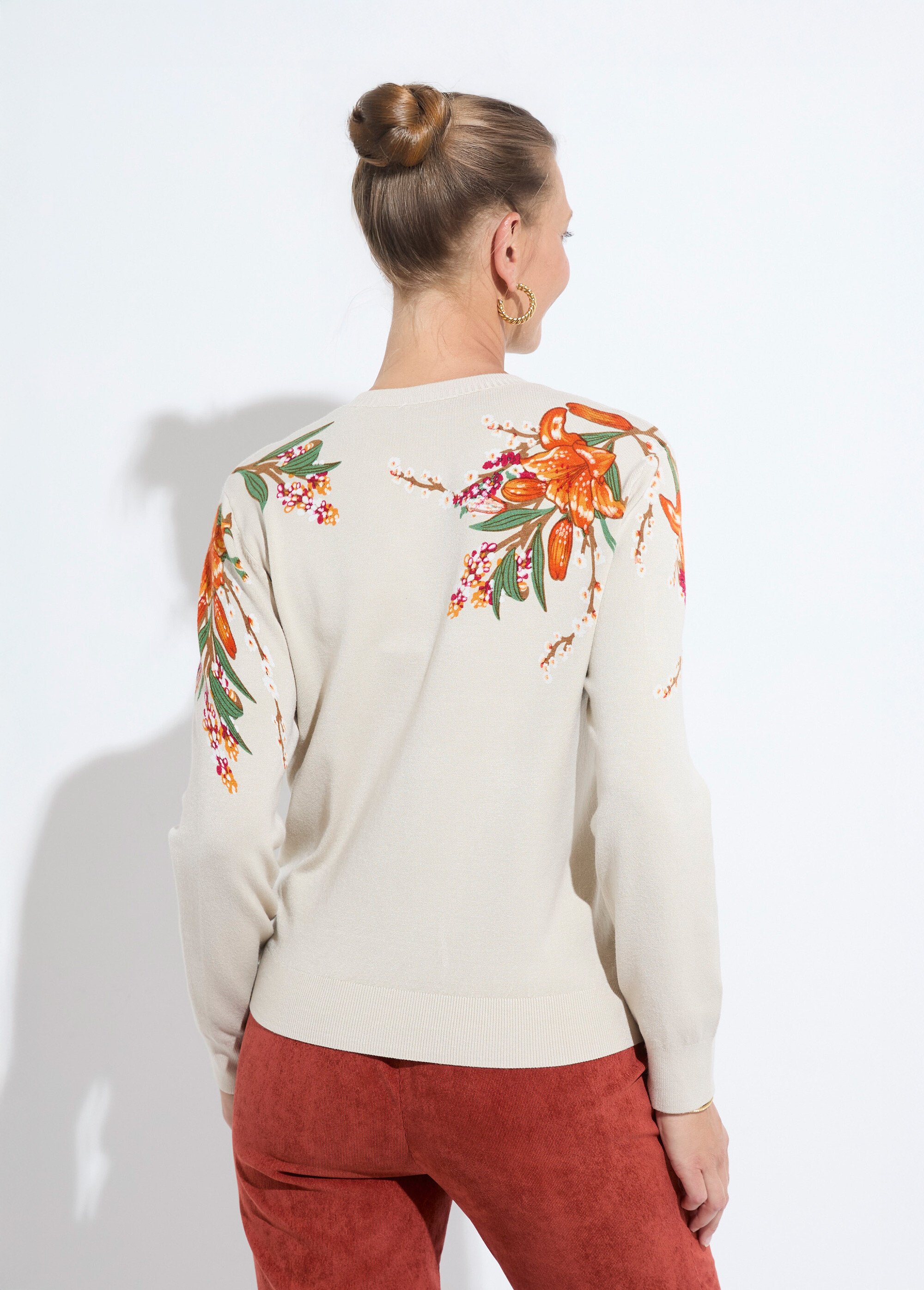 Pull chaud col rond imprimé floral manches longues Femme Beige PIERRA DO1