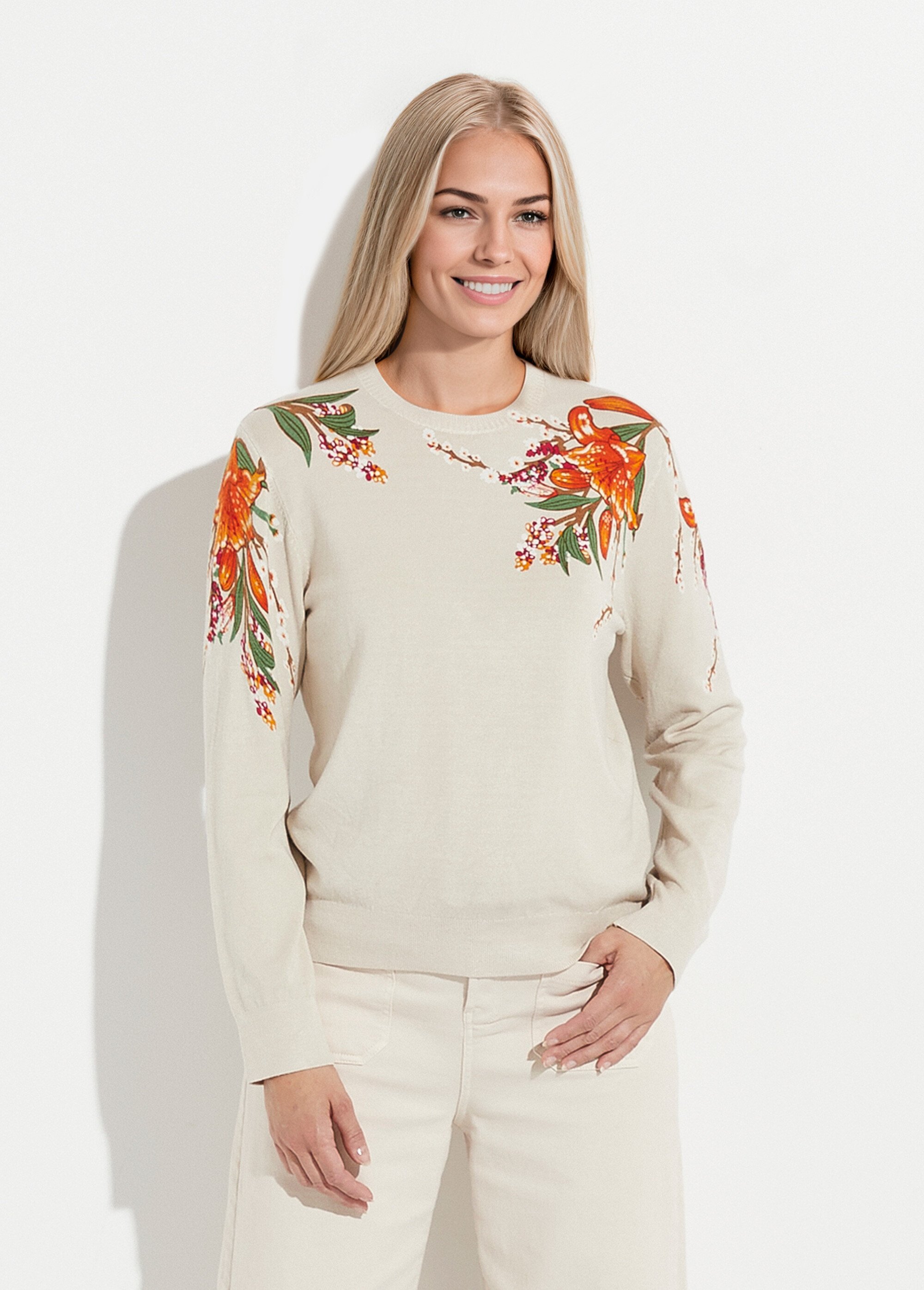 Pull chaud col rond imprimé floral manches longues Femme Beige PIERRA FA1