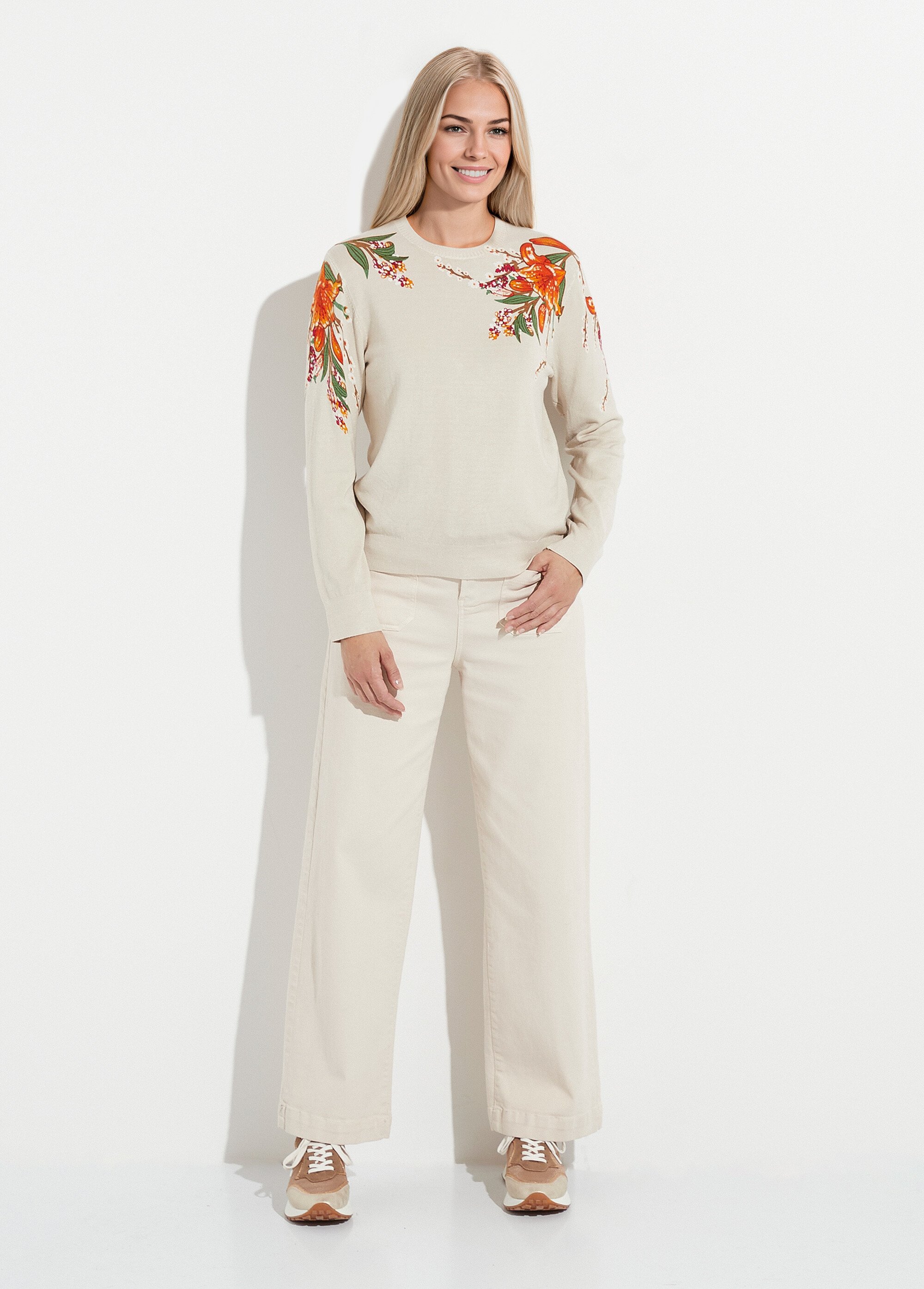 Pull chaud col rond imprimé floral manches longues Femme Beige PIERRA SF1