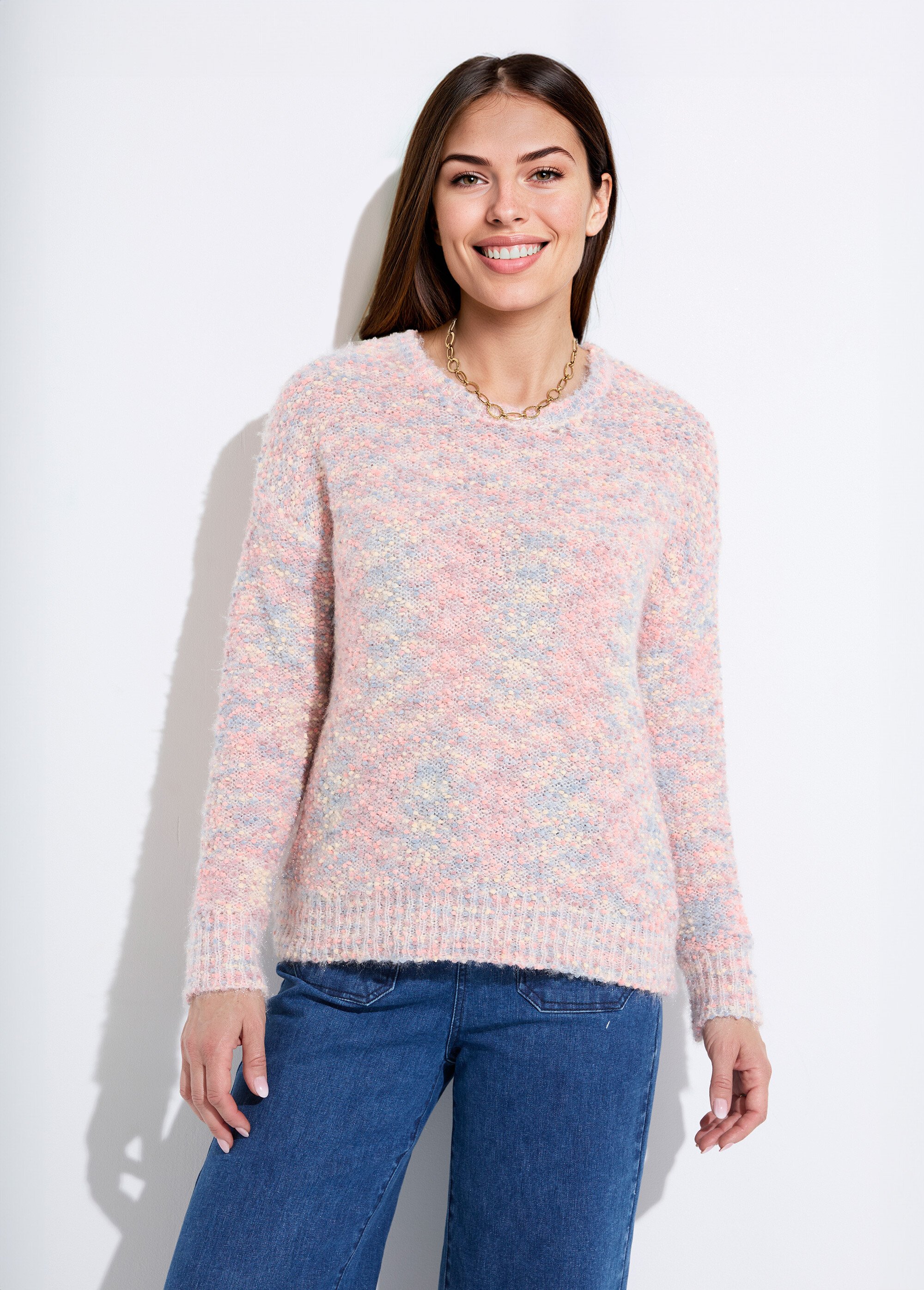 Pull doux col rond maille boule multicolore Femme CHINE ROSE POLLY FA1