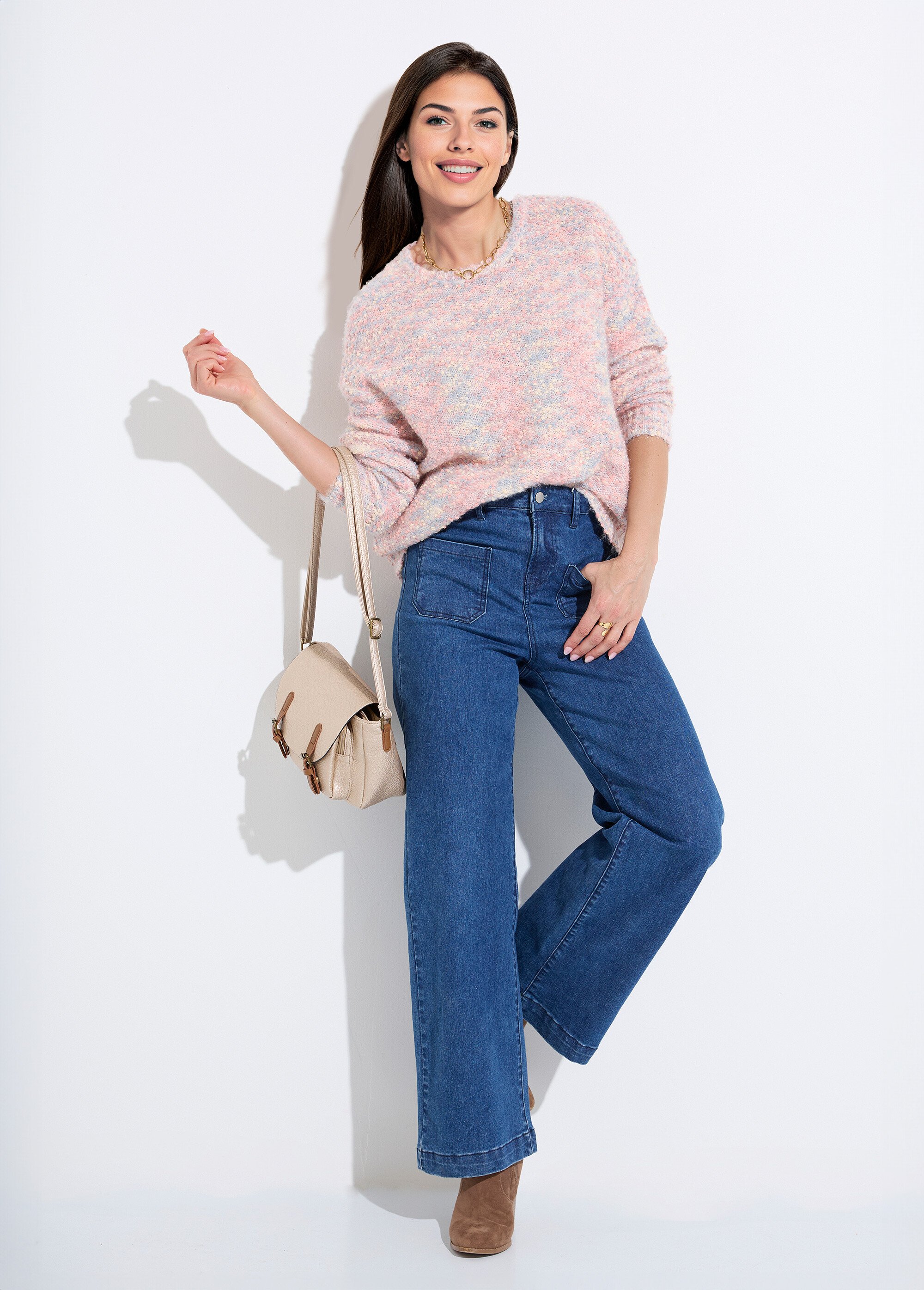 Pull doux col rond maille boule multicolore Femme CHINE ROSE POLLY MV1