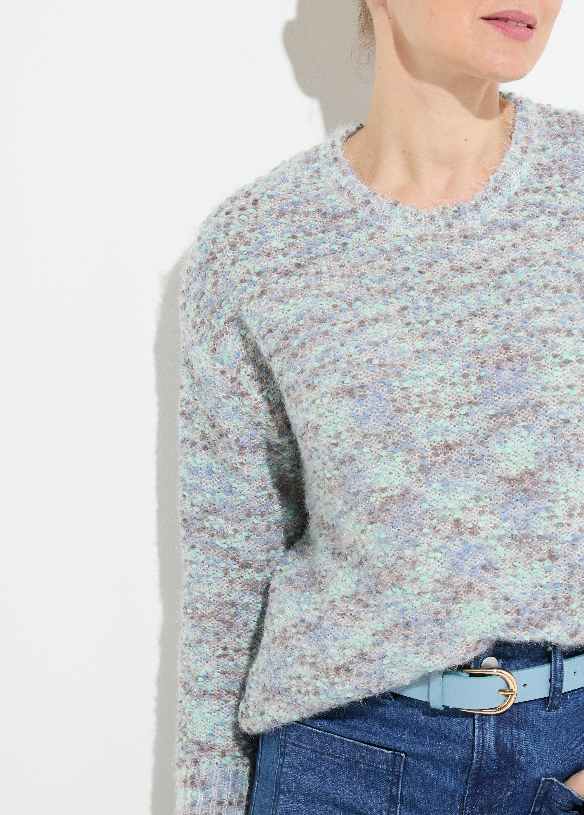 Pull doux col rond maille boule multicolore Femme CHINE BLEU POLLY DE1