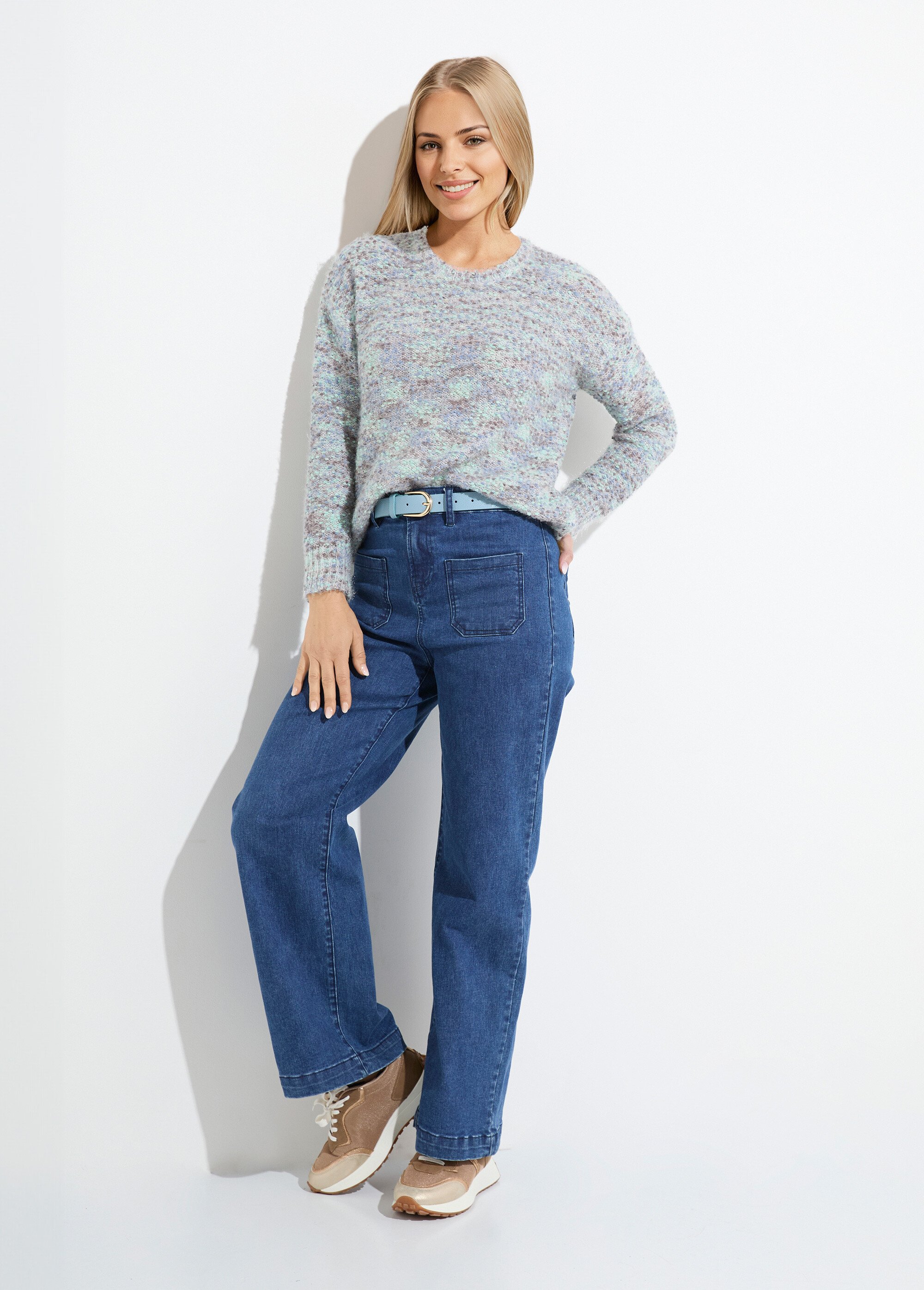 Pull doux col rond maille boule multicolore Femme CHINE BLEU POLLY SF1