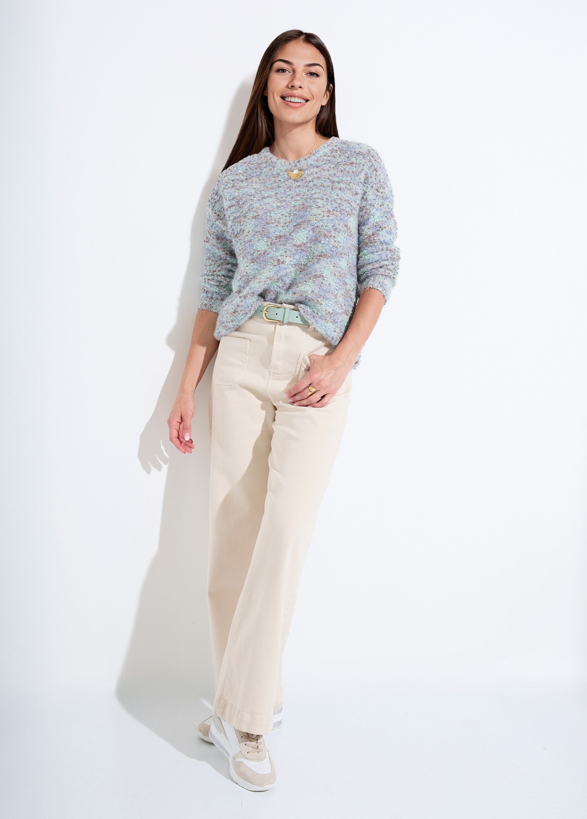 Pull doux col rond maille boule multicolore Femme CHINE BLEU POLLY SI1
