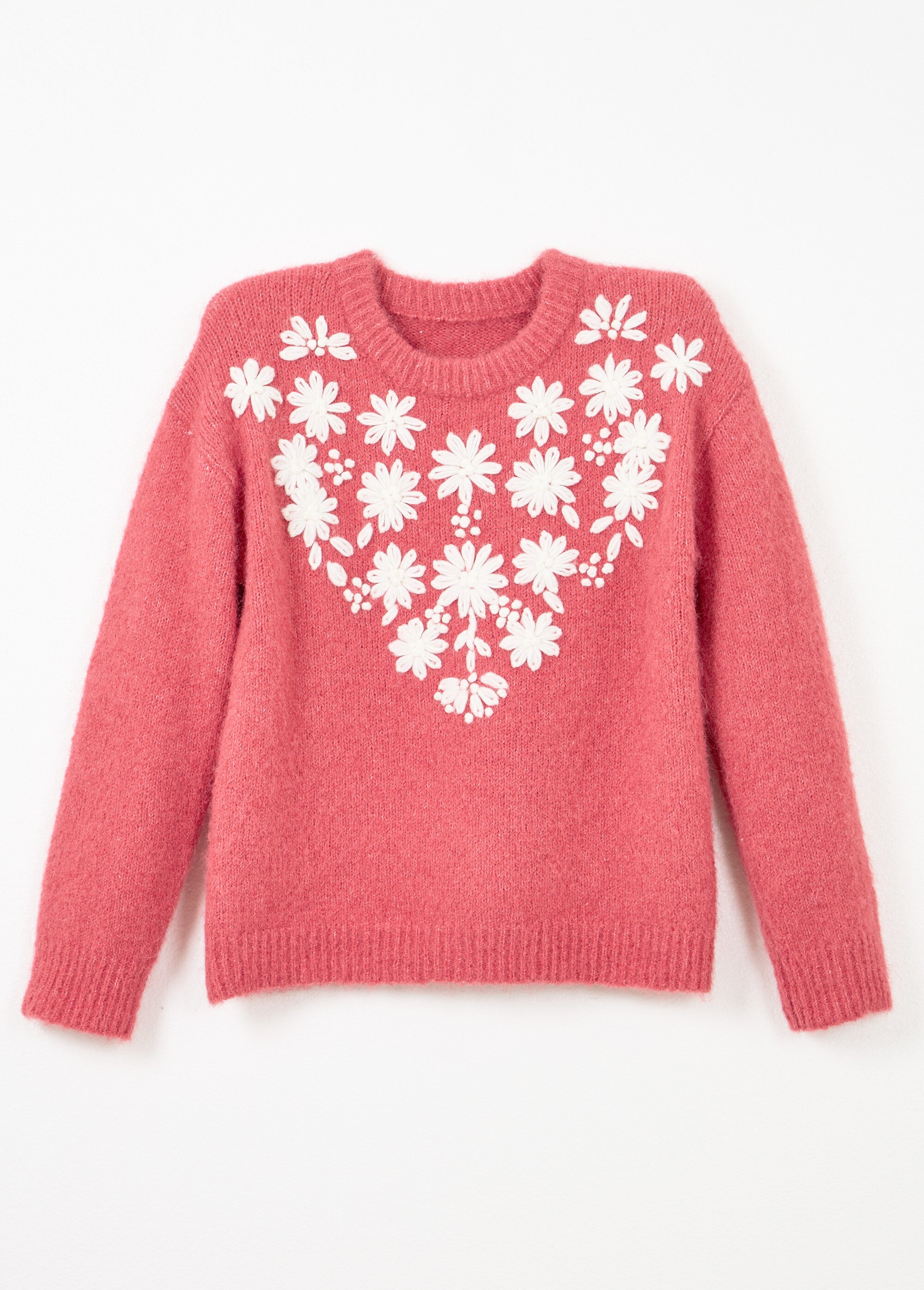 Pull moelleux col rond fleurs brodées Femme Rose POPPY AP1