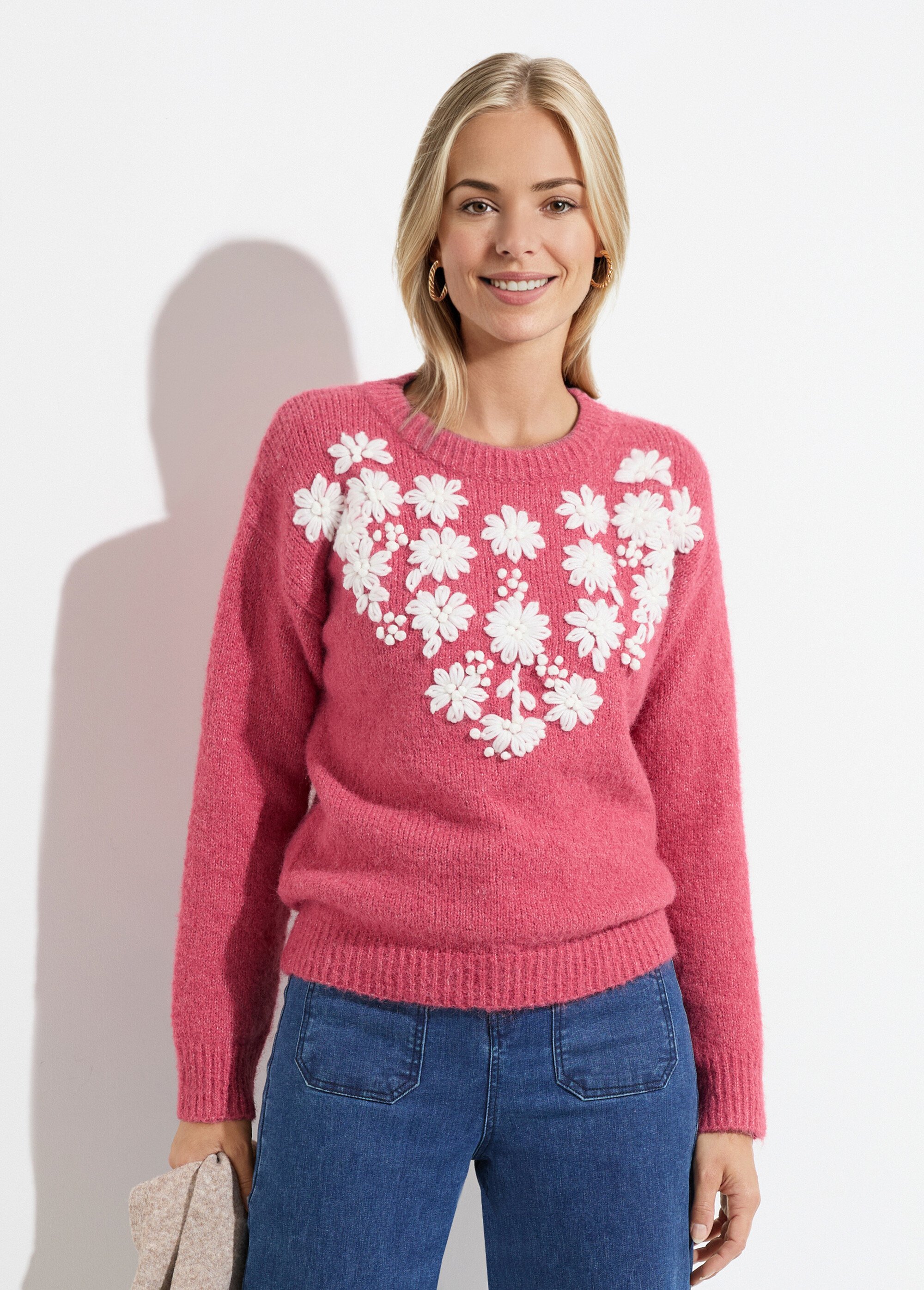 Pull moelleux col rond fleurs brodées Femme Rose POPPY FA1