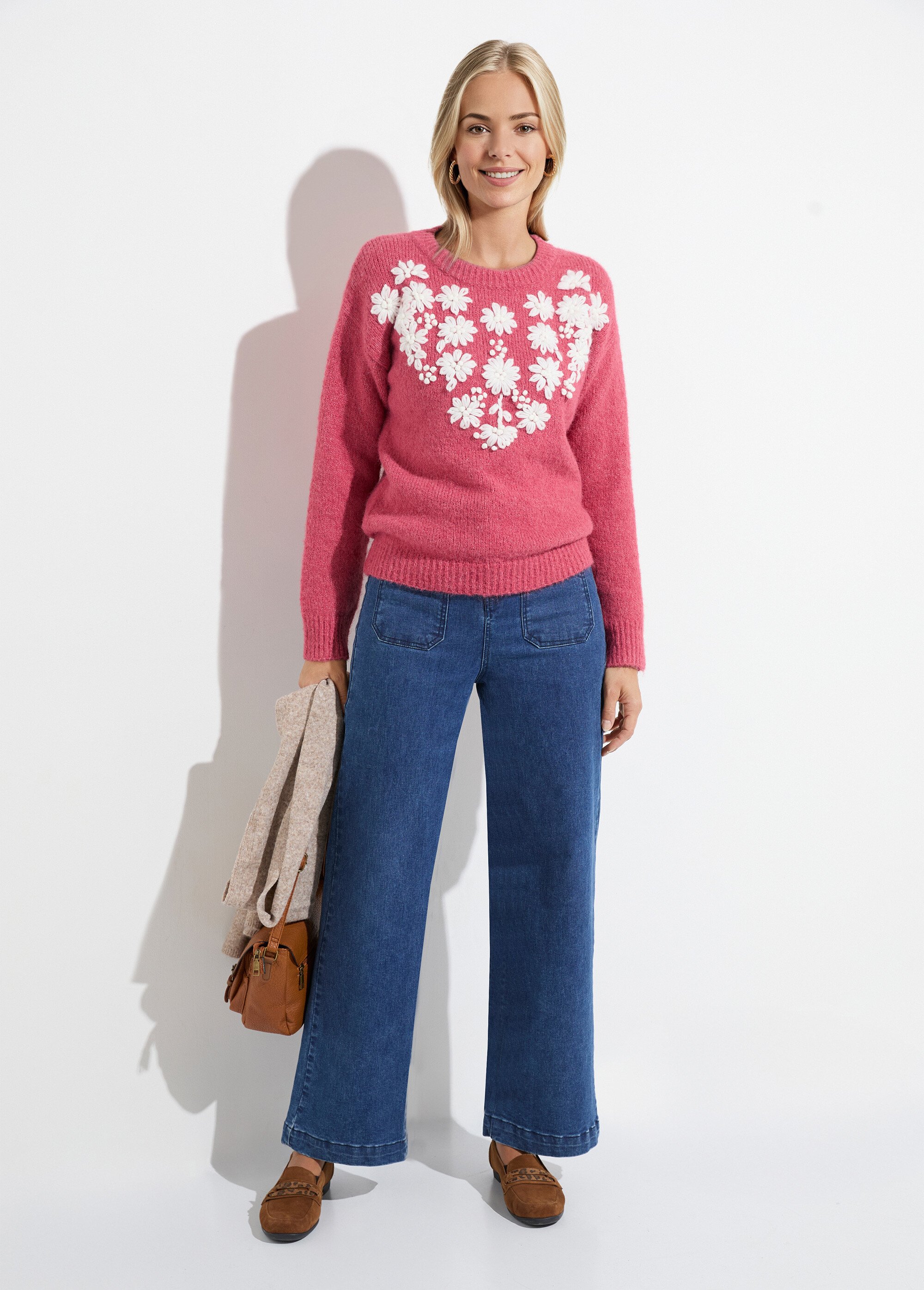 Pull moelleux col rond fleurs brodées Femme Rose POPPY SF1