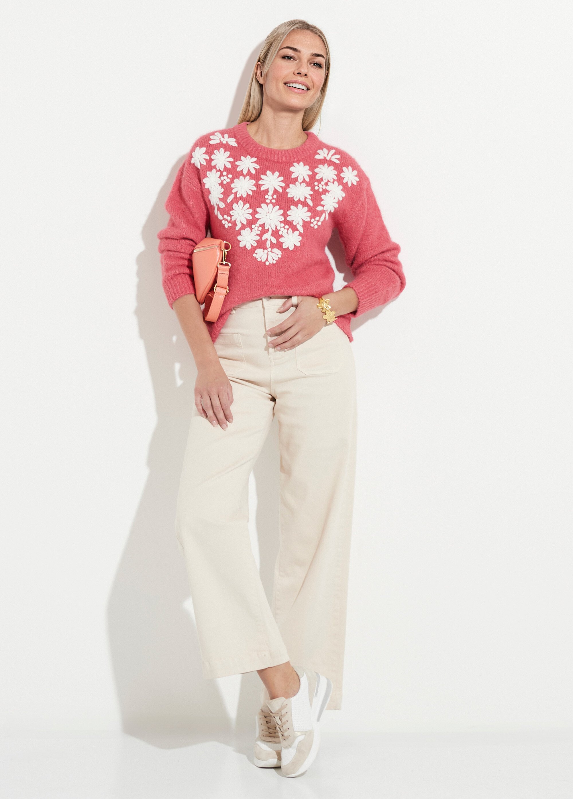 Pull moelleux col rond fleurs brodées Femme Rose POPPY SI1