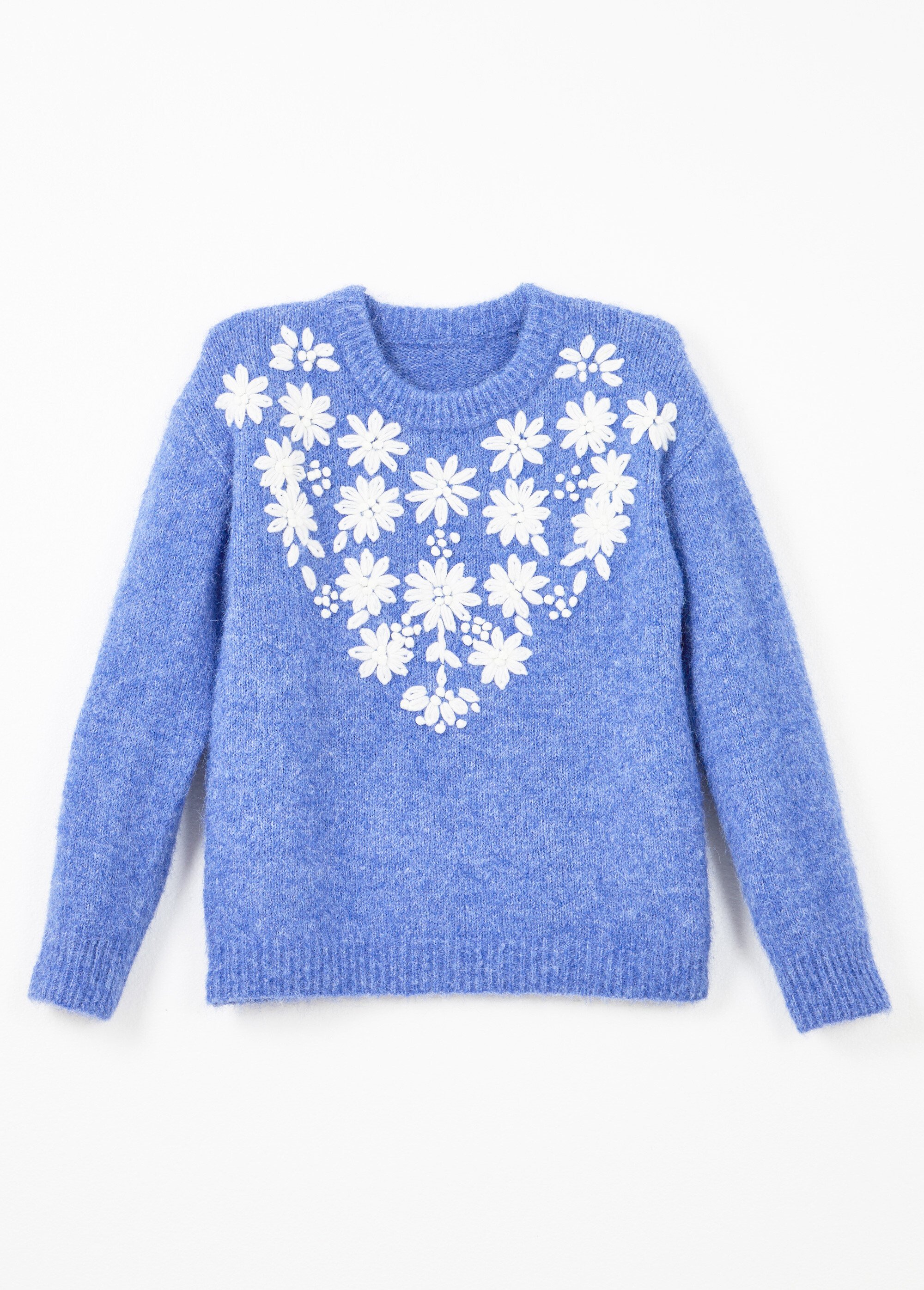 Pull moelleux col rond fleurs brodées Femme Bleu POPPY AP1