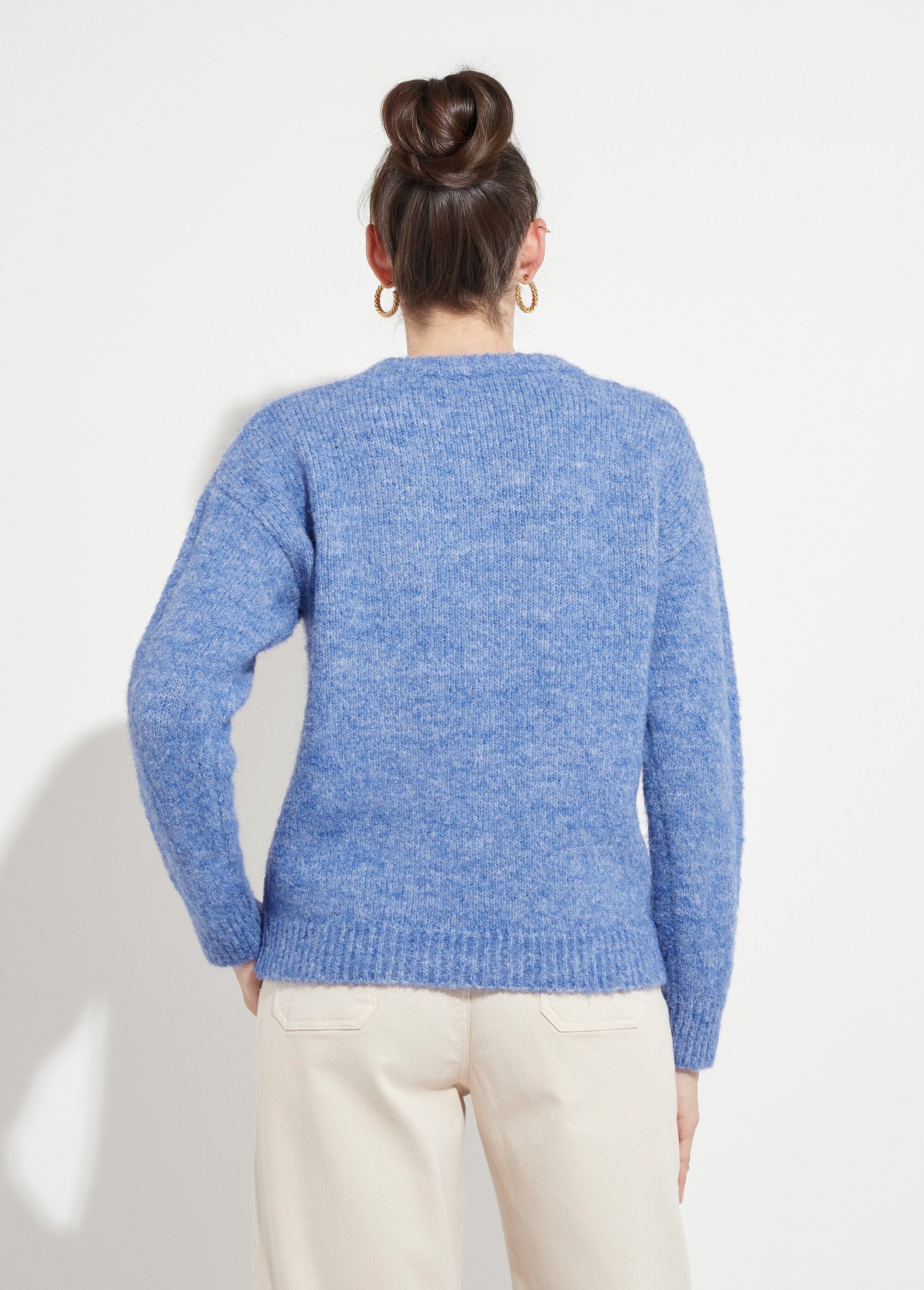 Pull moelleux col rond fleurs brodées Femme Bleu POPPY DO1