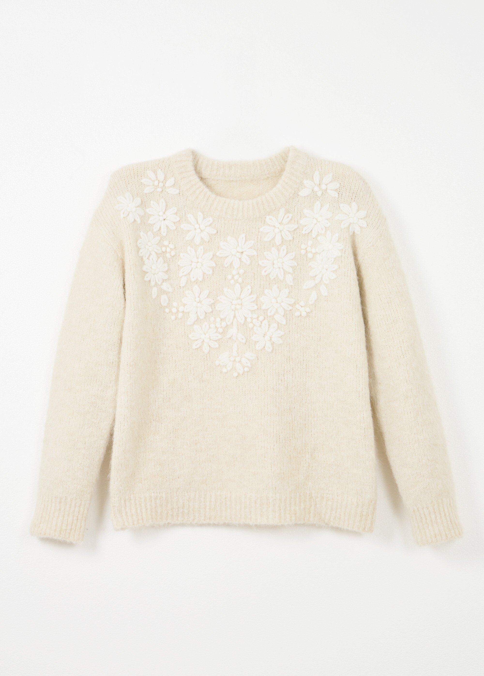 Pull moelleux col rond fleurs brodées Femme Beige POPPY AP1