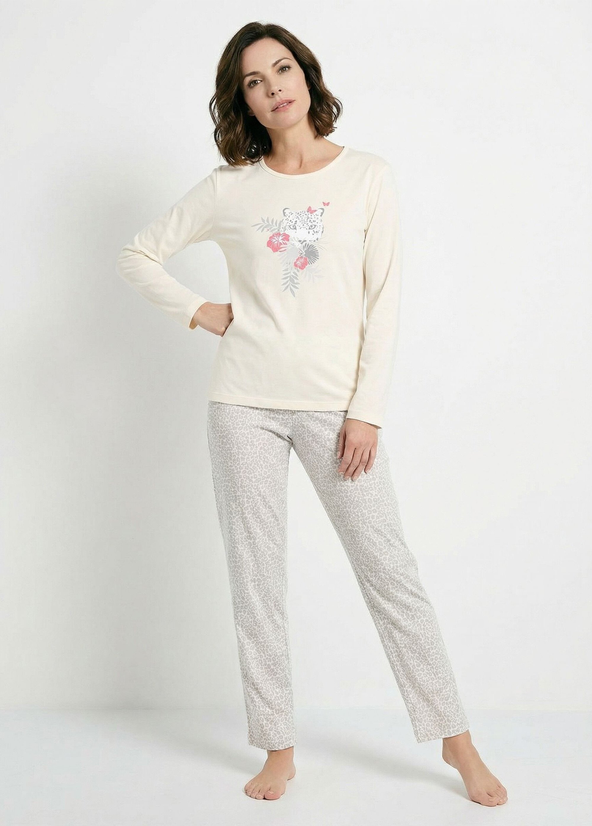 Pyjama jersey coton imprimé léopard Femme Beige SAGRAOU FA1