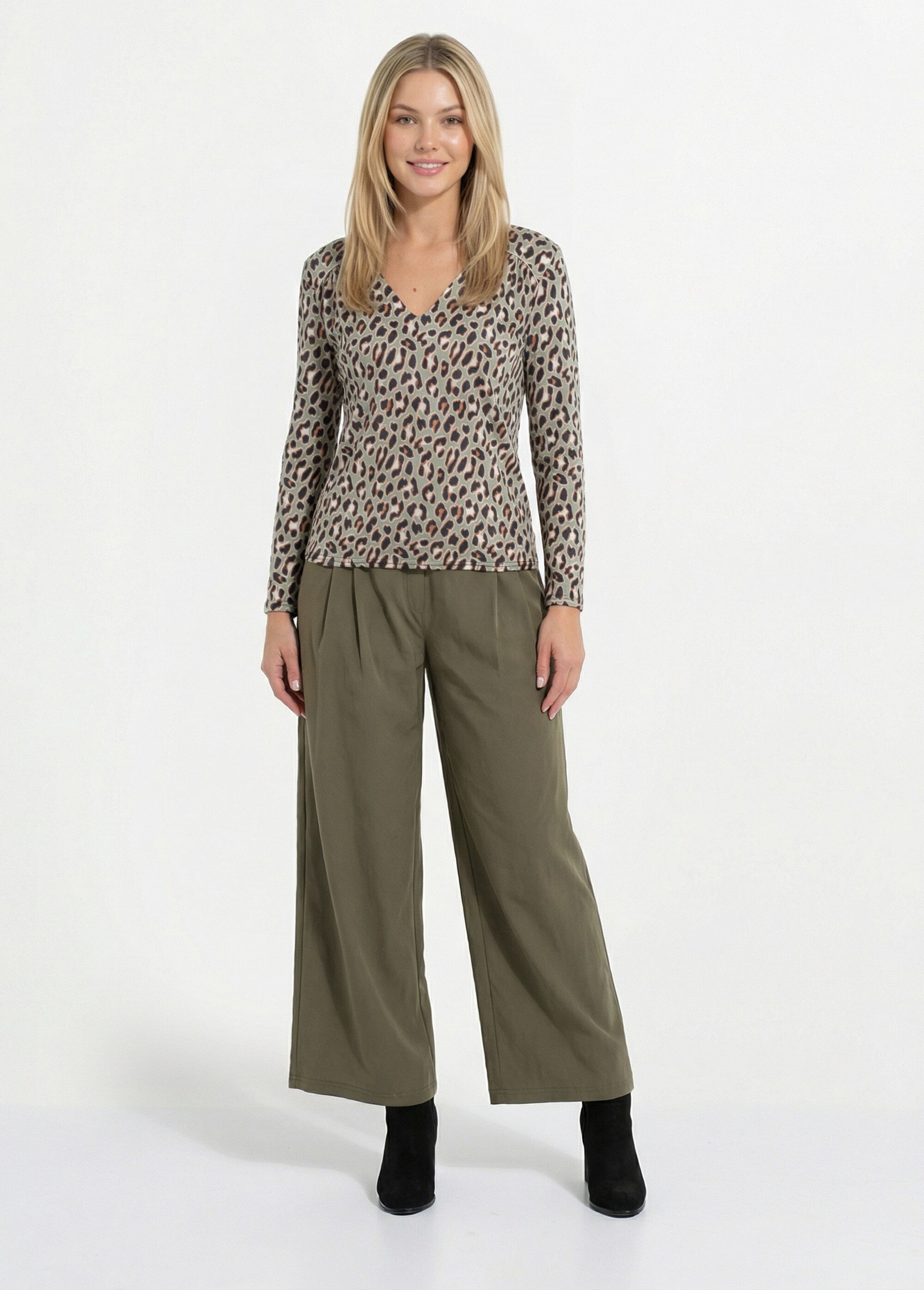 T-shirt ample col V manches longues Femme KAKI ET NOIR CATRINA SF1