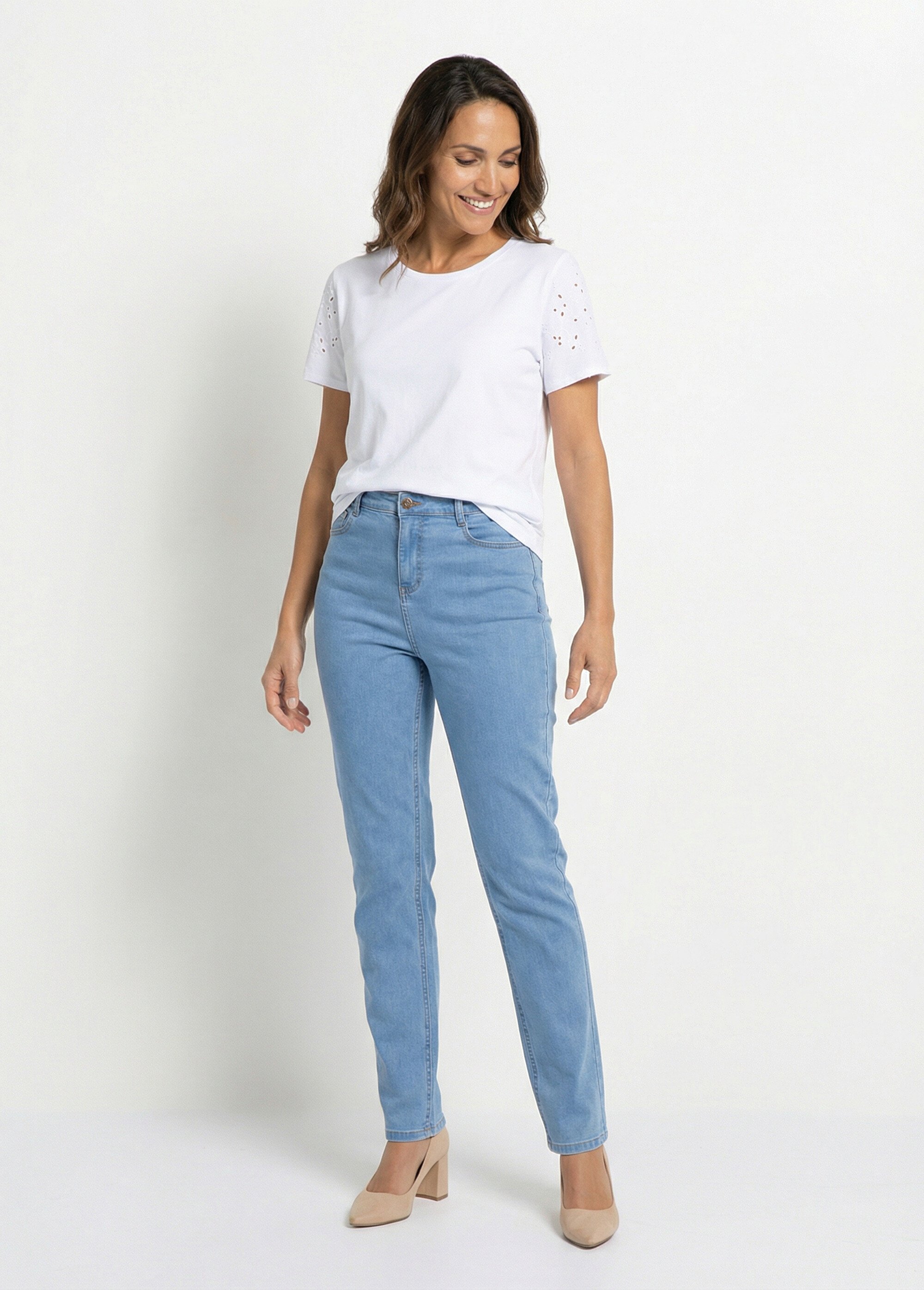 T-shirt manches courtes brodées coton stretch Femme Blanc CASSILIA SI1