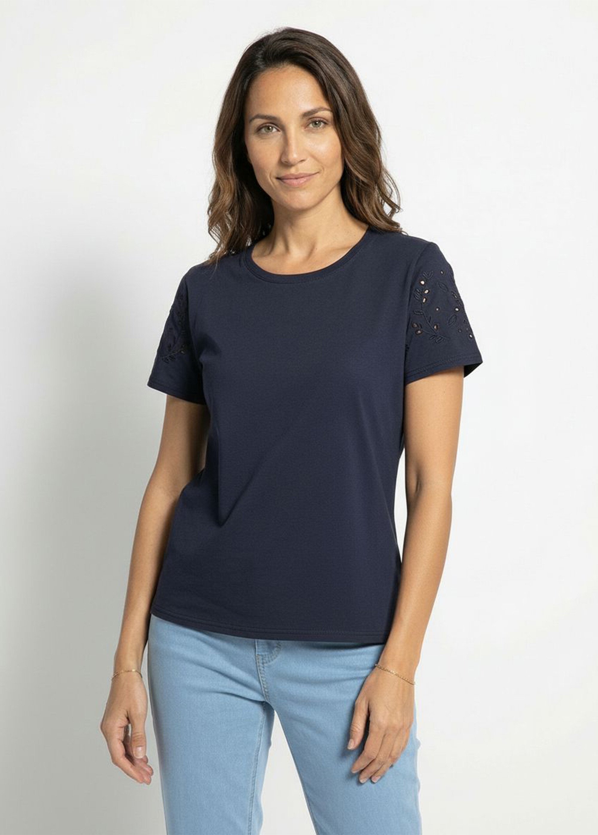T-shirt manches courtes brodées coton stretch Femme Bleu CASSILIA FA1