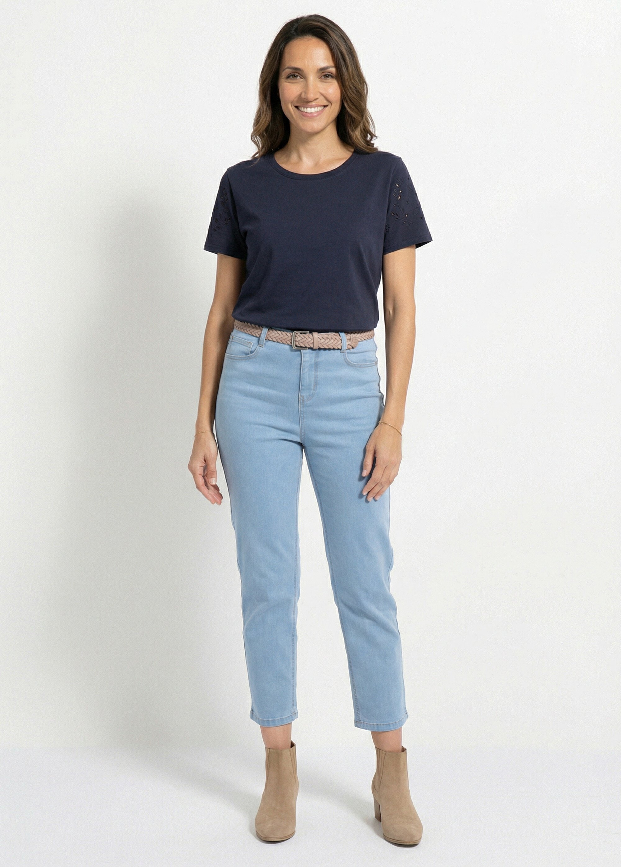 T-shirt manches courtes brodées coton stretch Femme Bleu CASSILIA SF1